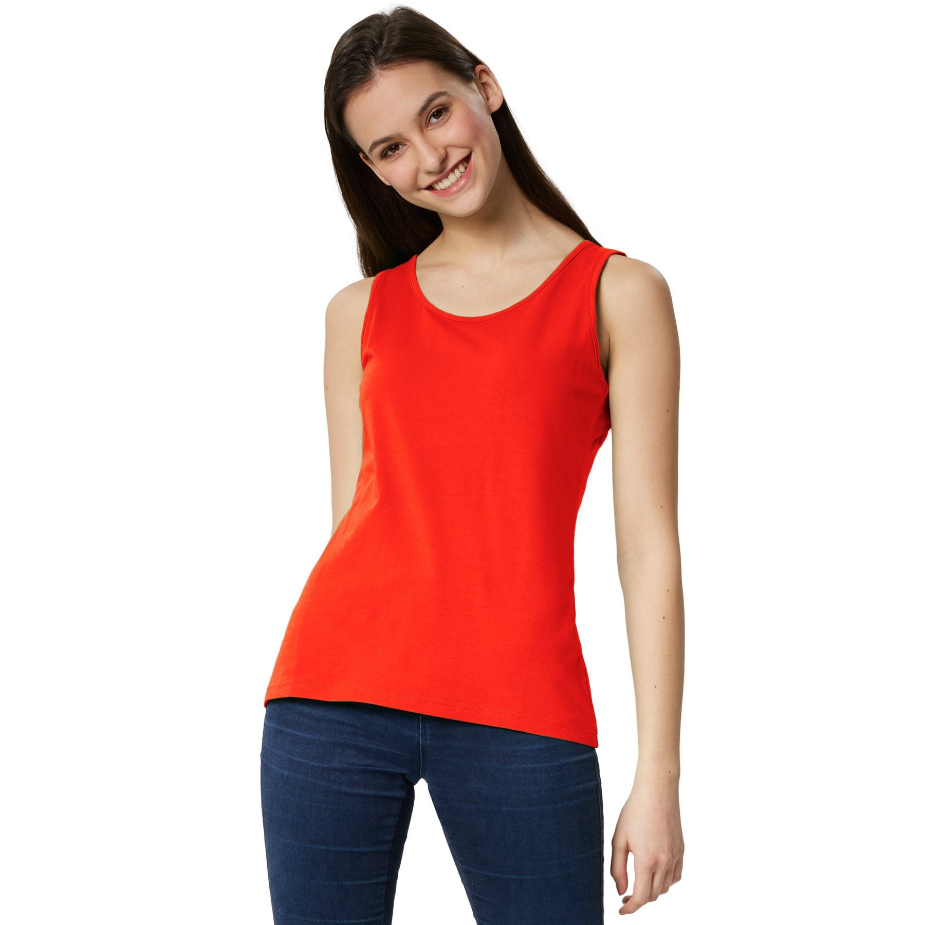 dressforfun Tanktop Achselshirt, Für viele Outfits und Auftritte, Einfarbiges Damen Top (Trägershirt, Konfektionsgröße L in rot) Leicht körperbetonter Schnitt, Fester Stoff, Rundhalsausschnitt