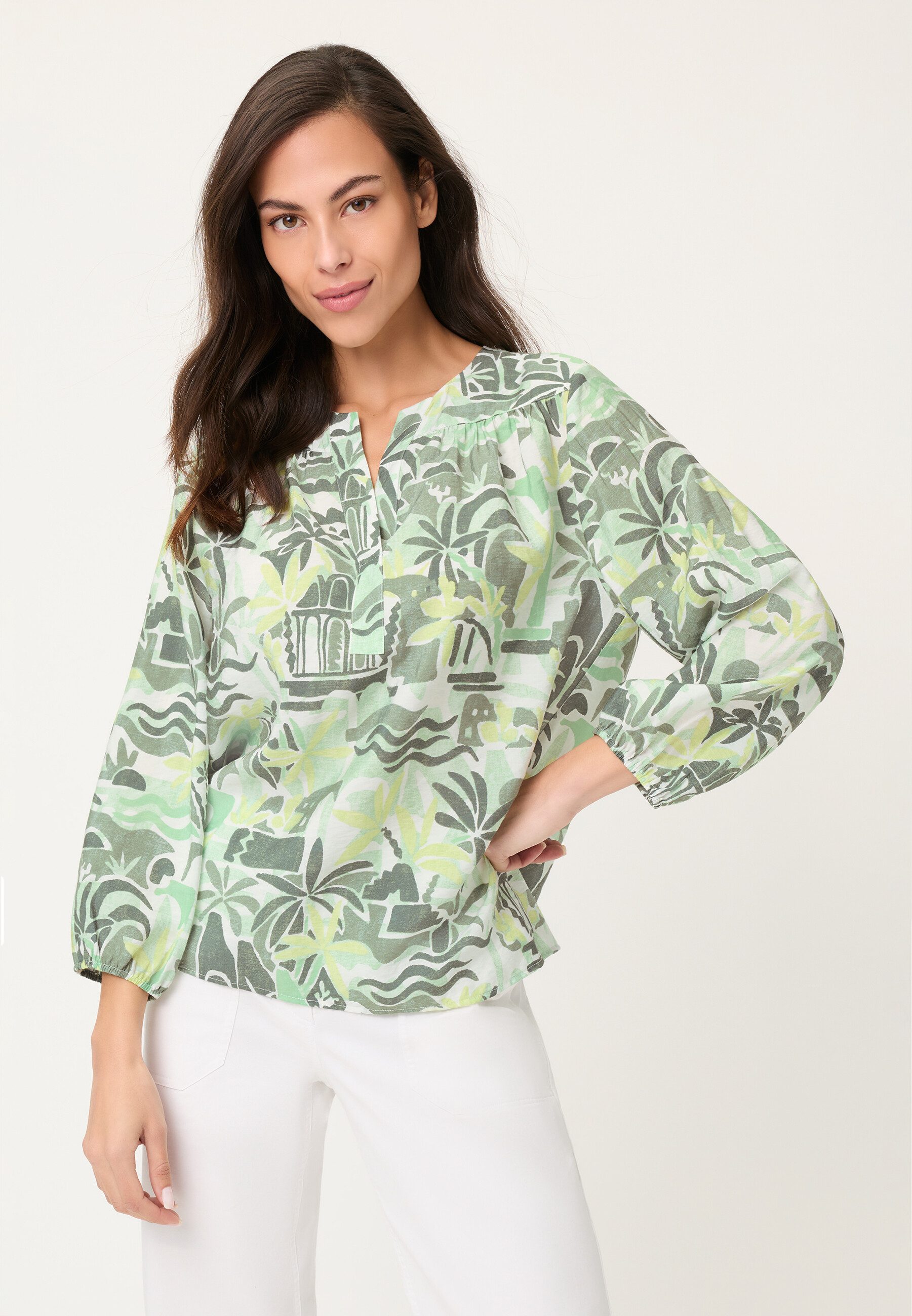 Olsen Hemdbluse Bluse mit Allover-Dessin und Tunika-Ausschnitt
