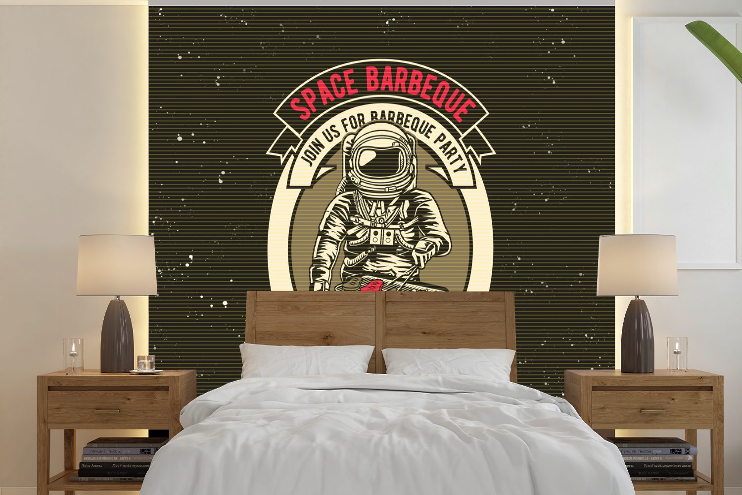 MuchoWow Fototapete Jahrgang - Astronaut - BBQ, Matt, bedruckt, (5 St), Vinyl Tapete für Wohnzimmer oder Schlafzimmer, Wandtapete