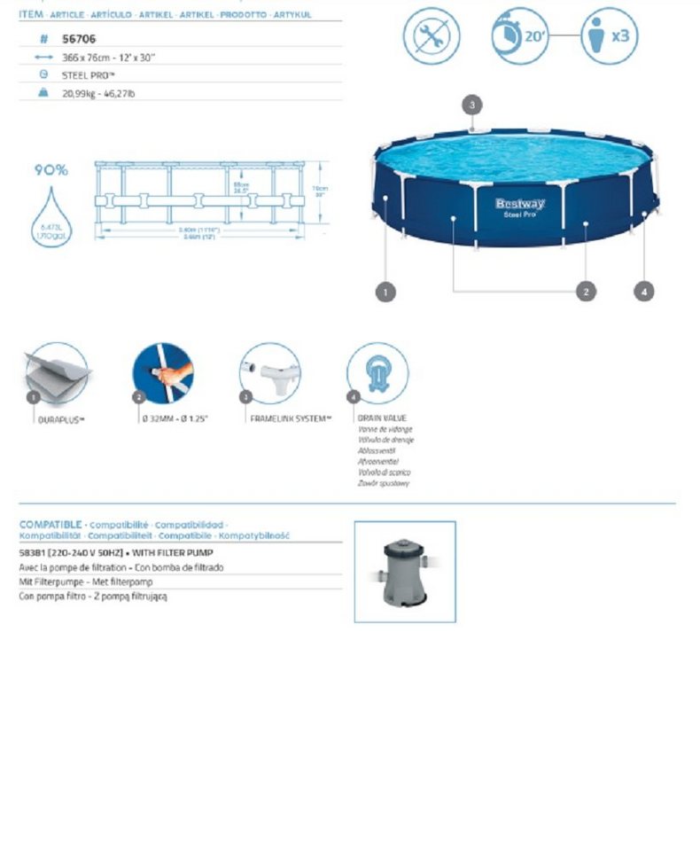 Thumbnail - Bestway Pool Bestway Steel Pro Frame Pool ohne Pumpe Durchmesser 366 x 76 cm