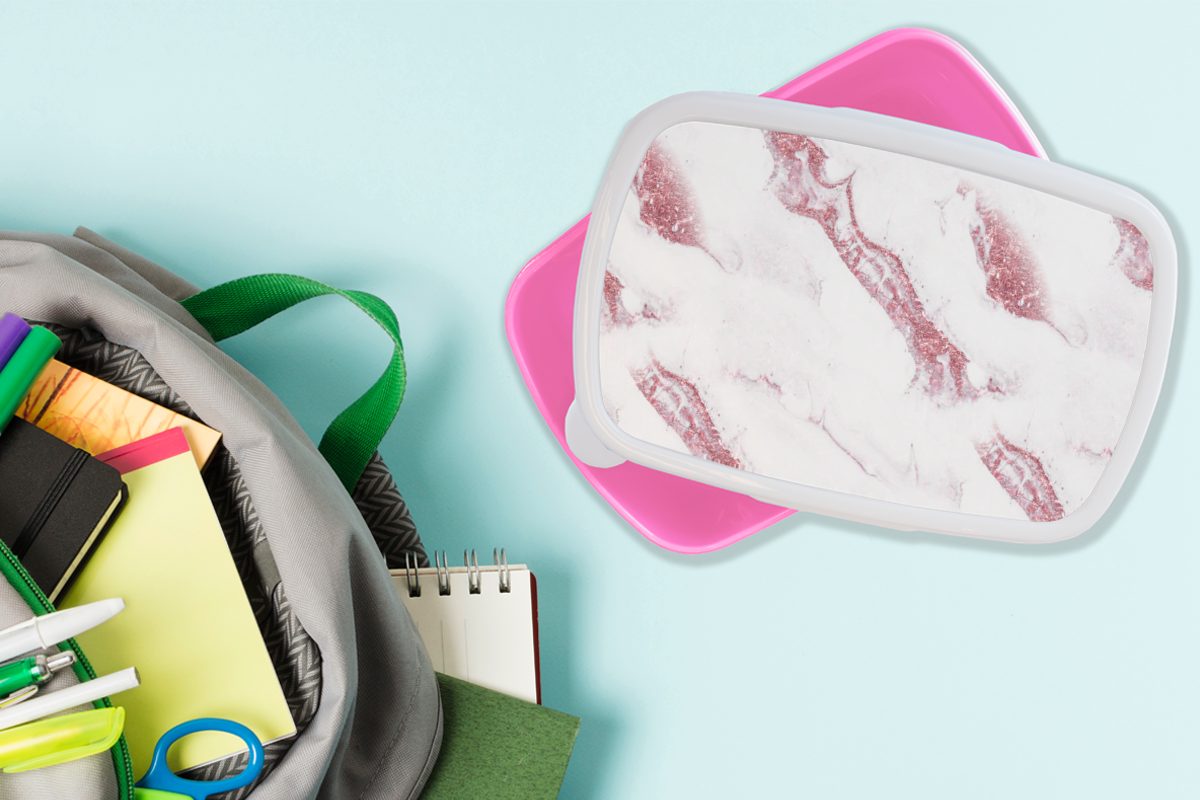 Brotbox Mädchen, Kinder, Brotdose - (2-tlg), Kunststoff rosa Snackbox, Kunststoff, Erwachsene, Weiß - für Marmor MuchoWow - Glitter Muster, Lunchbox