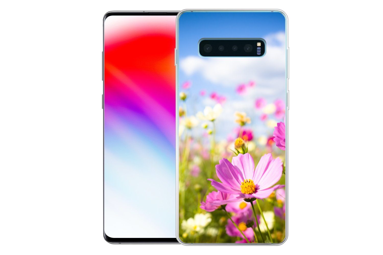 MuchoWow Handyhülle für Samsung Galaxy S10 Plus Blumen - Wiese - Lila - Gras - Weiß - Wolk, Phone Case, Silikon, Schutzhülle Dünn