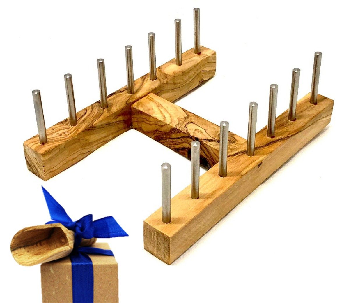 Olivenholz-erleben Geschirrständer Brettchenständer für bis zu 6 Frühstücksbretter, Zubehör für Frühstücksbrett 22 x 14 cm aus Olivenholz, Platzsparende Aufbewahrung für bis zu 6 Brettchen an einem Ort