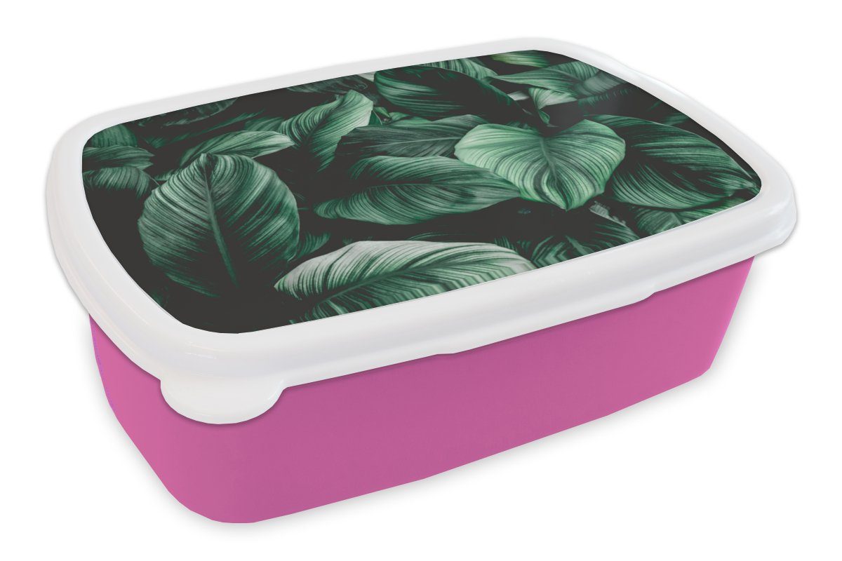 MuchoWow Lunchbox Dschungel - Blätter - Tropisch - Pflanzen - Natur, Kunststoff, (2-tlg), Brotbox für Erwachsene, Brotdose Kinder, Snackbox, Mädchen, Kunststoff rosa