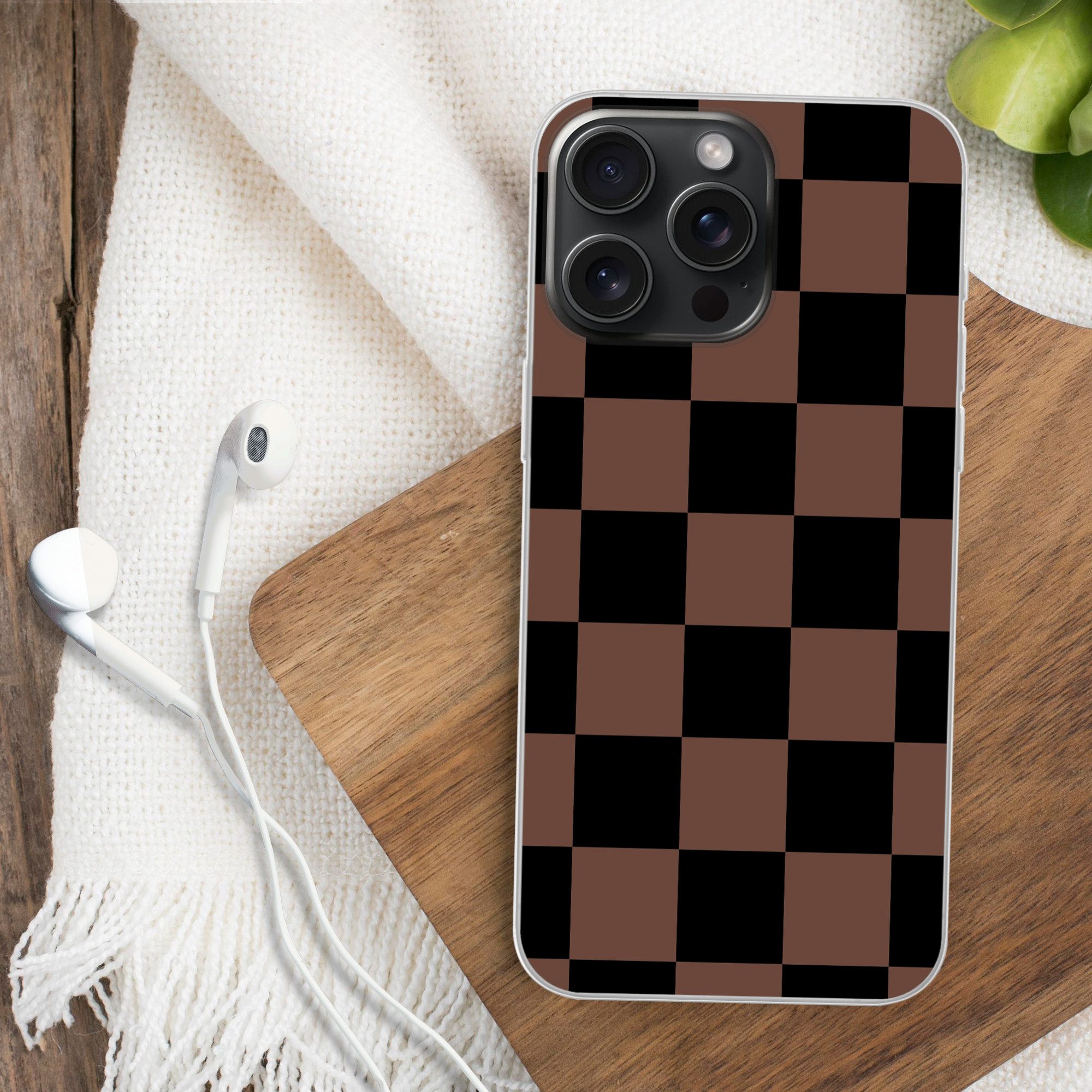MuchoWow Handyhülle für Apple iPhone 15 Pro Max Schachbrettmuster - Braun - Schwarz - Blöc, Smartphone-Bumper, Print, Handy Schutzhülle Dünn