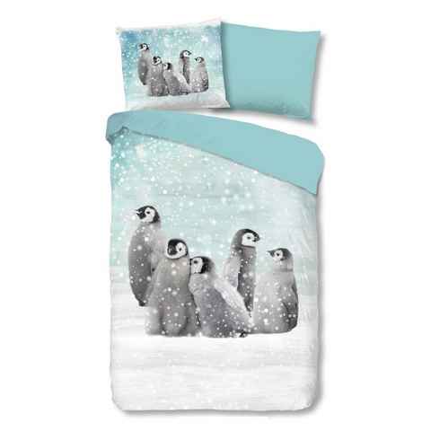 Bettwäsche Feinbiber, Traumschloss, Biber, 2 teilig, kleine Pinguine im Schnee