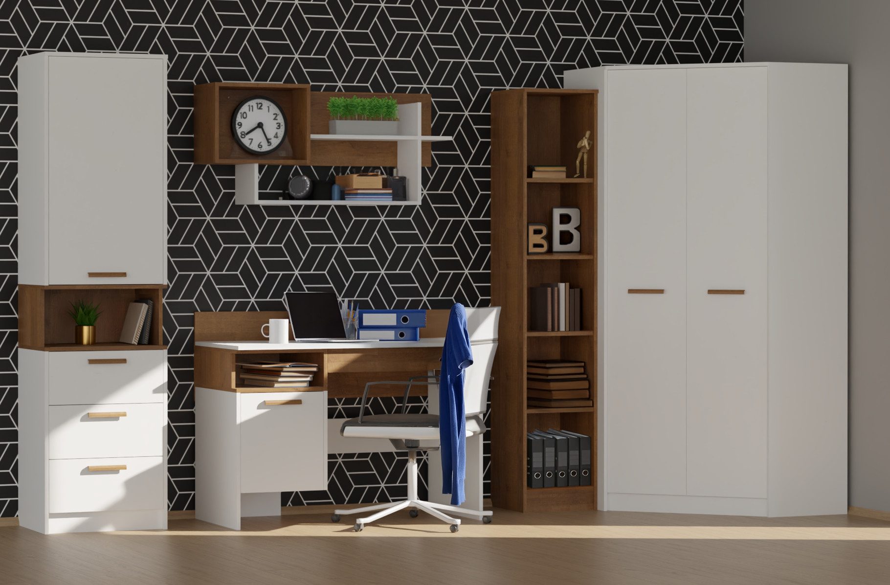 Marmex Möbel Jugendzimmer-Set Grant SET 04 Mehrzweckschrank Set Eckschrank Bücherregal, (5-tlg), Scharniere Soft Close, Kleiderstangen
