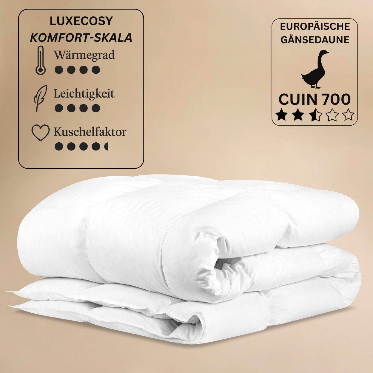 LuxeCosy GmbH Gänsedaunenbettdecke Classic, Füllung: 90% Daunen / 10% Federn