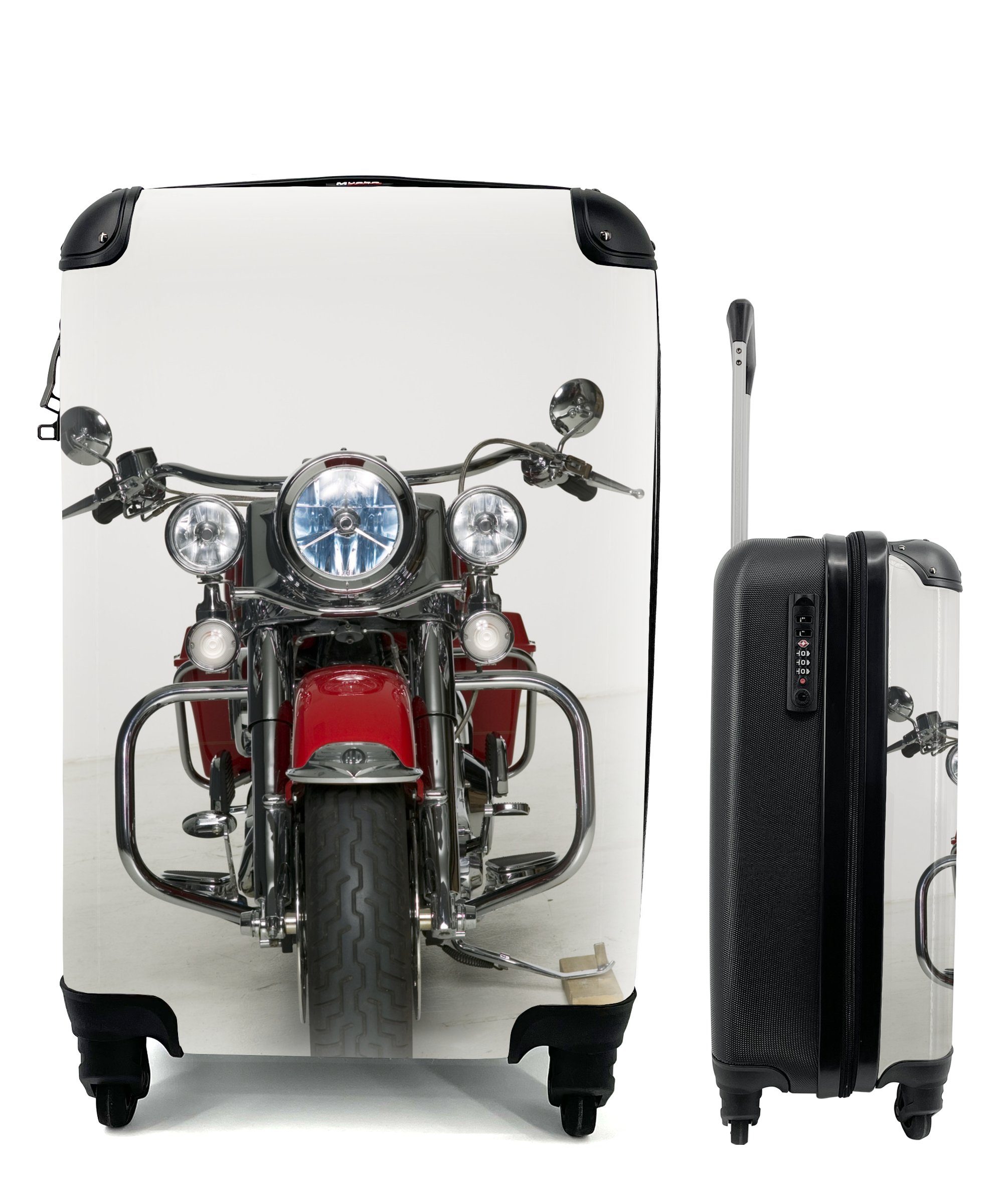 Trolley, Hintergrund, Reisekoffer MuchoWow auf Reisetasche Ferien, rollen, Handgepäckkoffer Handgepäck mit weißem Motorrad für 4 Rotes Rollen,