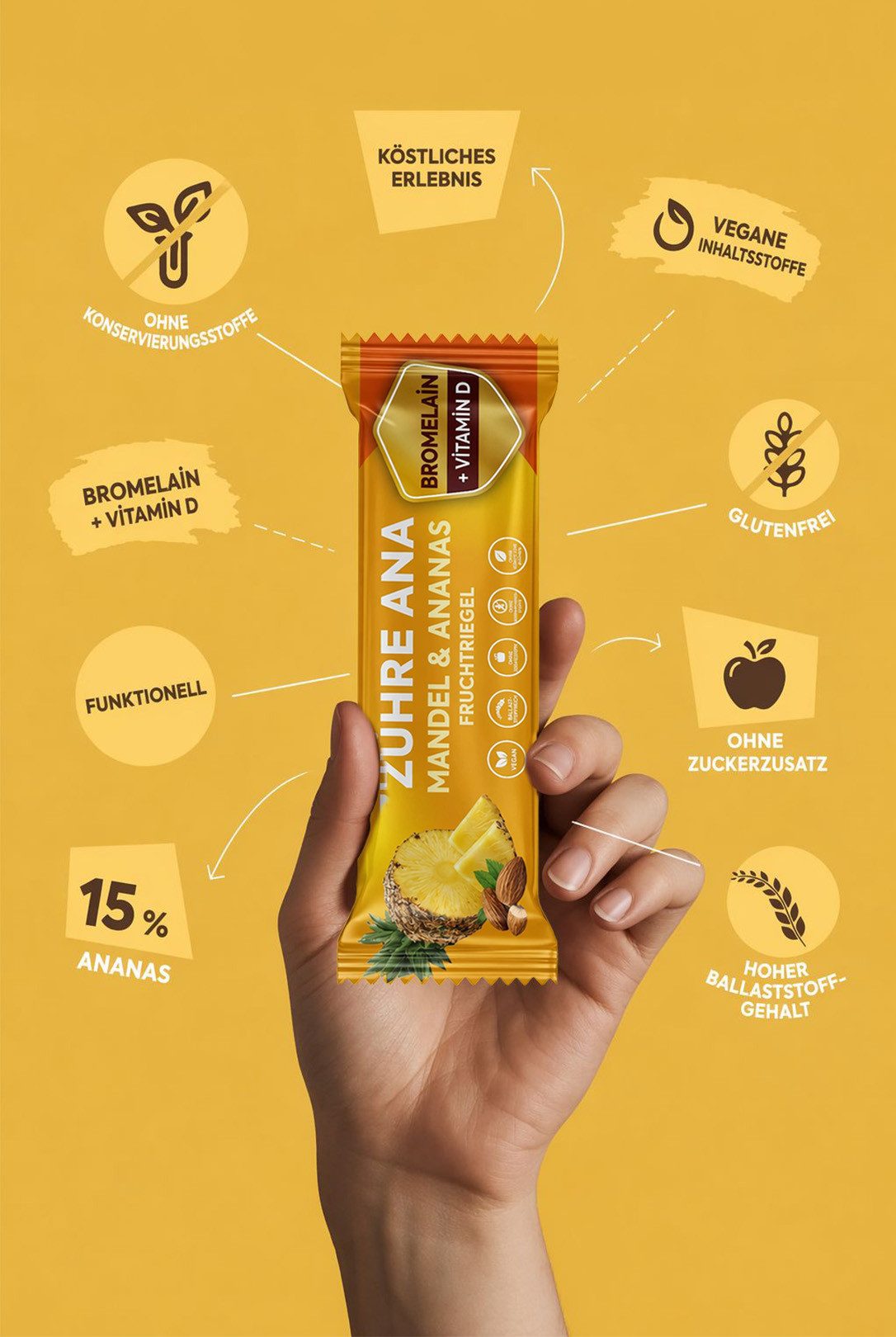 Zühre Ana® Riegel Fruchtriegel mit Mandel und Ananas Riegel 12x – Vegan, Zuckerfrei, 420 g, Leckerer Snack mit Bromelain und Vitamin D, 35gr x 12 Stück