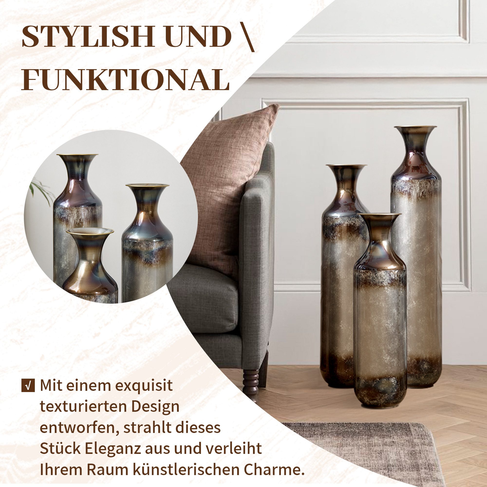 HAUSS SPOLE Bodenvase handgebrannte Vintage-Optik,3er Metallvase Dekovasen Wohnzimmer (Dekoratives Vasenensemble für Zuhause), Handgebrannte Metallvase Nicht Wasserdicht