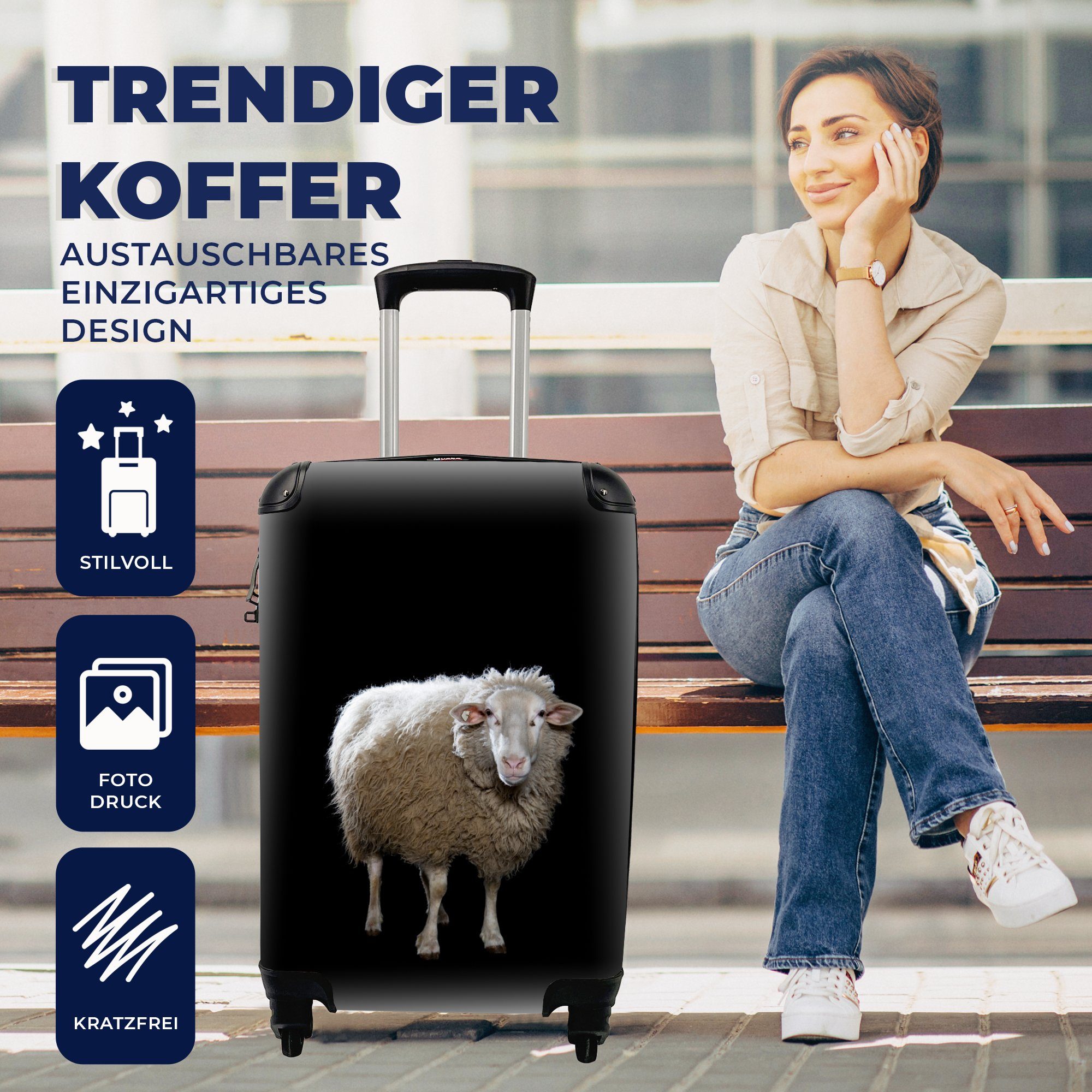 Handgepäckkoffer Schwarz, 4 Reisetasche Trolley, für mit Schafe Nutztiere Ferien, rollen, - Reisekoffer Rollen, Handgepäck - MuchoWow