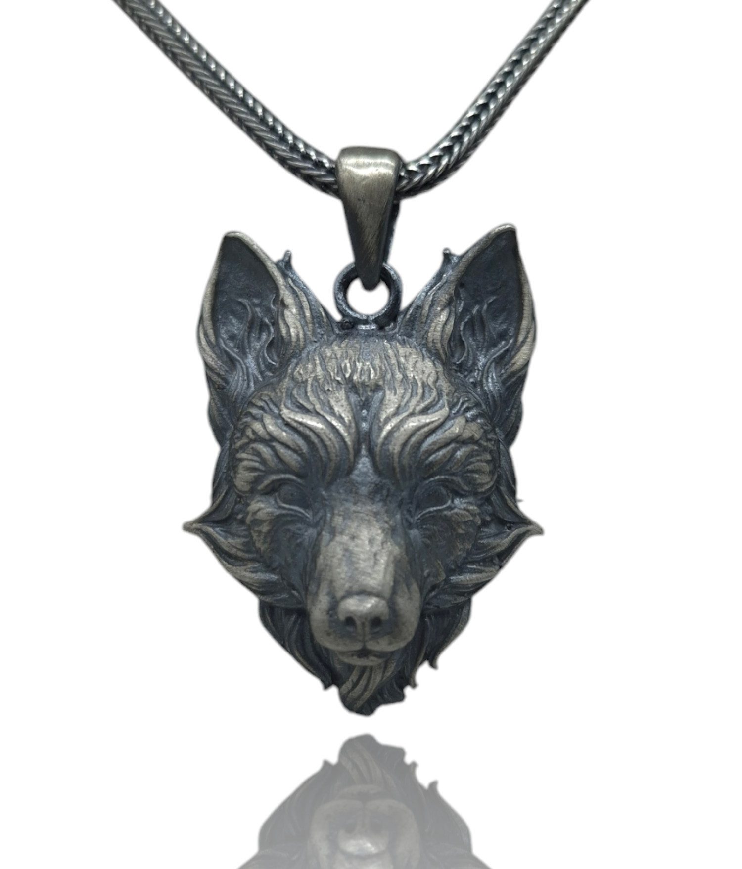 Kette mit Anhänger Silber Wolf mit Silber Fuchsschwanz Kette 55cm 65cm Länge