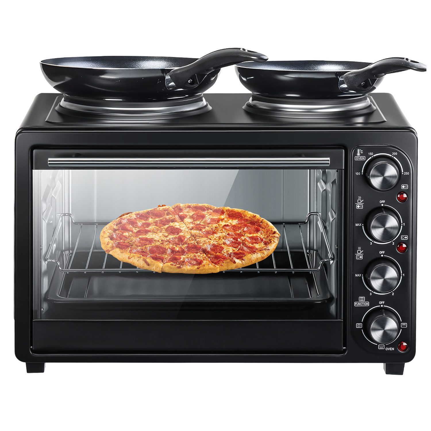 LETGOSPT Multiofen Mini-Backofen mit 2 Kochplatten 36L Kapazität, 3200W, Umluft, max 250°C, geeignet für Camping, Wohnheim & Kleinküchen