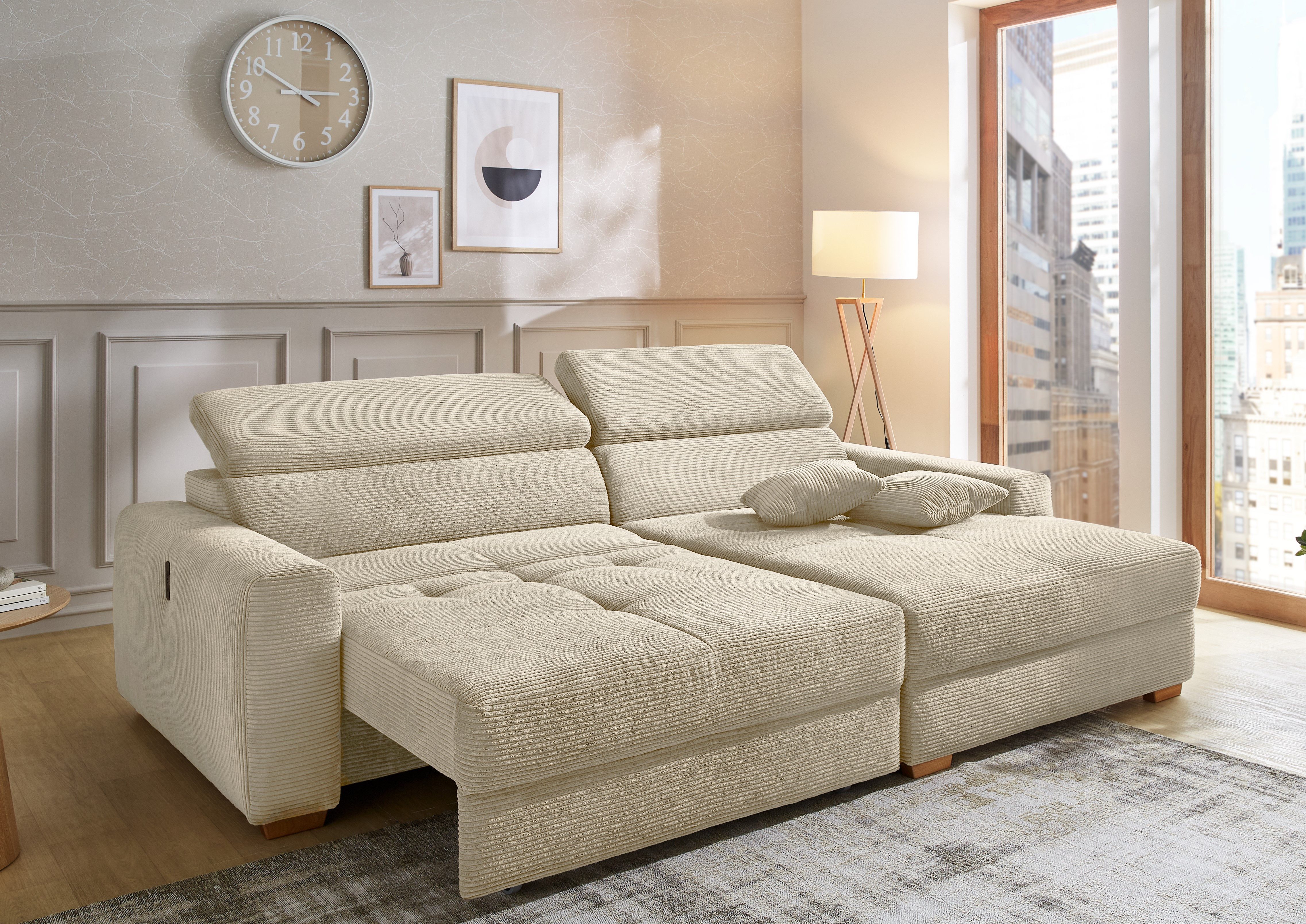 Jockenhöfer Gruppe Ecksofa Slider L-Form, B: 277 cm, mit 60 cm elektr. Sitztiefenverstellung, 140kg Belastbarkeit, USB-Anschluss, Kopfteilverstellung & Zierkissen