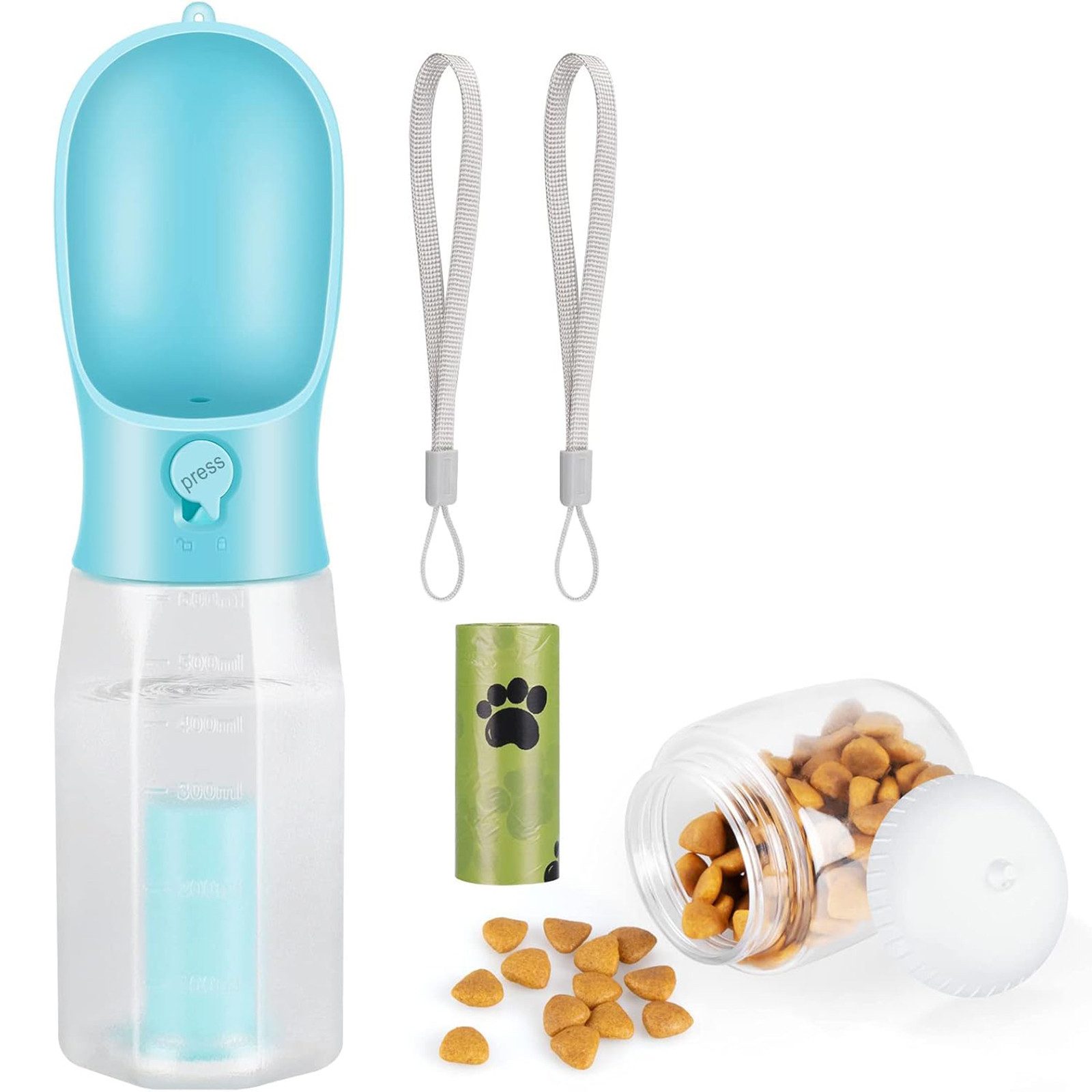 SURFOU Futter- und Wasserspender Trinkflasche Hunde für unterwegs, 600ml 3-in-1 mit Futterbehälter, Inkl. Kotbeutelspender, auslaufsicherer Wasserspender für Wandern