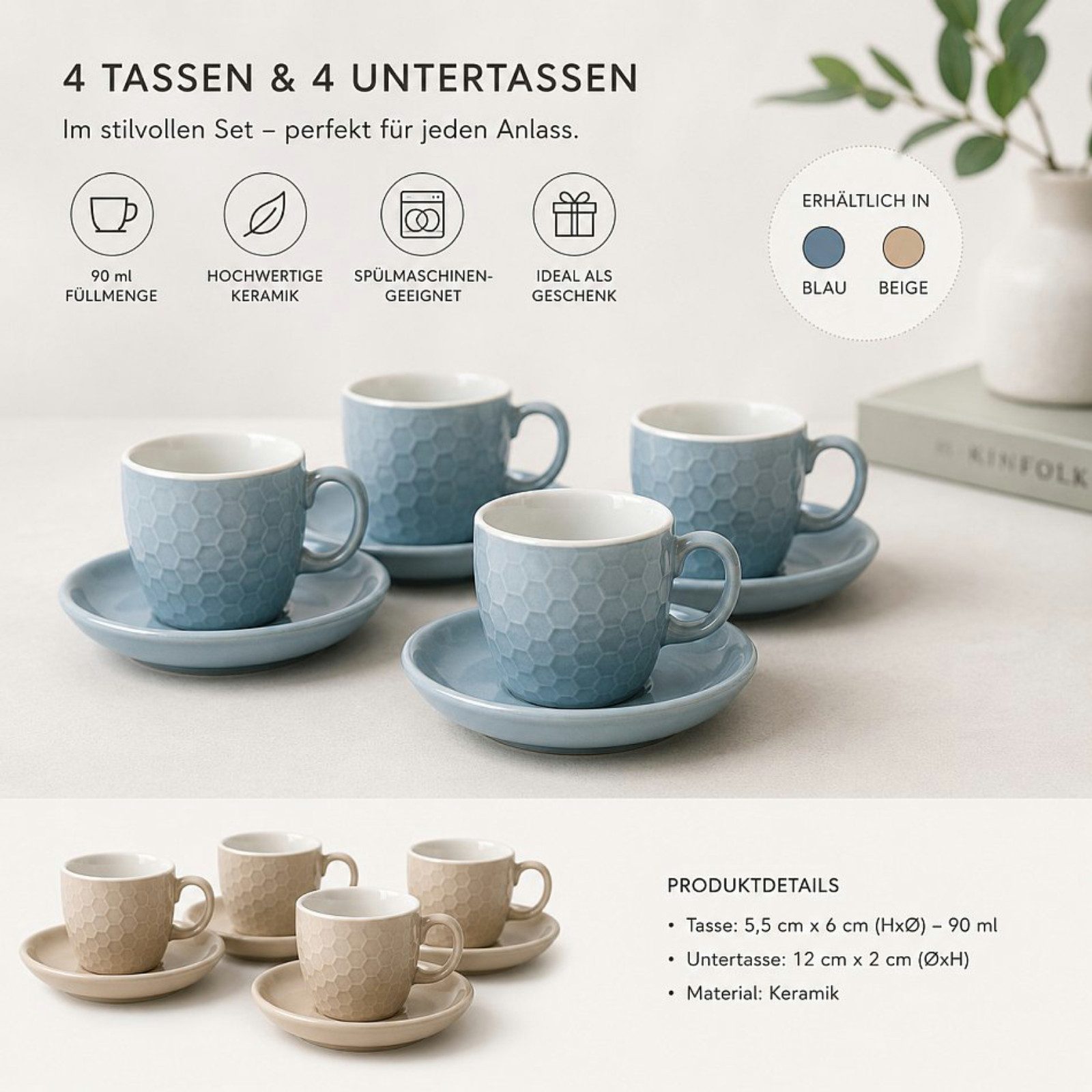Koopman Tasse Kaffeetassen Espressotassen Untertasse Keramik 8tlg 90ml, 8-tlg., Keramik, Blau, 4 Tassen + 4 Untertassen, Wabenmuster, 90ml je Tasse, Geschirr