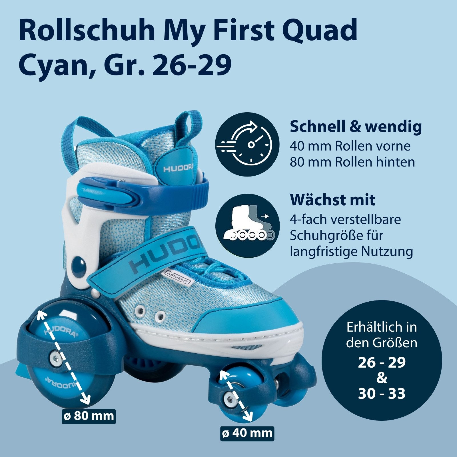 Hudora Rollschuhe My First Quad Skates, verschiedene Farben, Gr. 26-33, größenverstellbar, Belüftungssystem