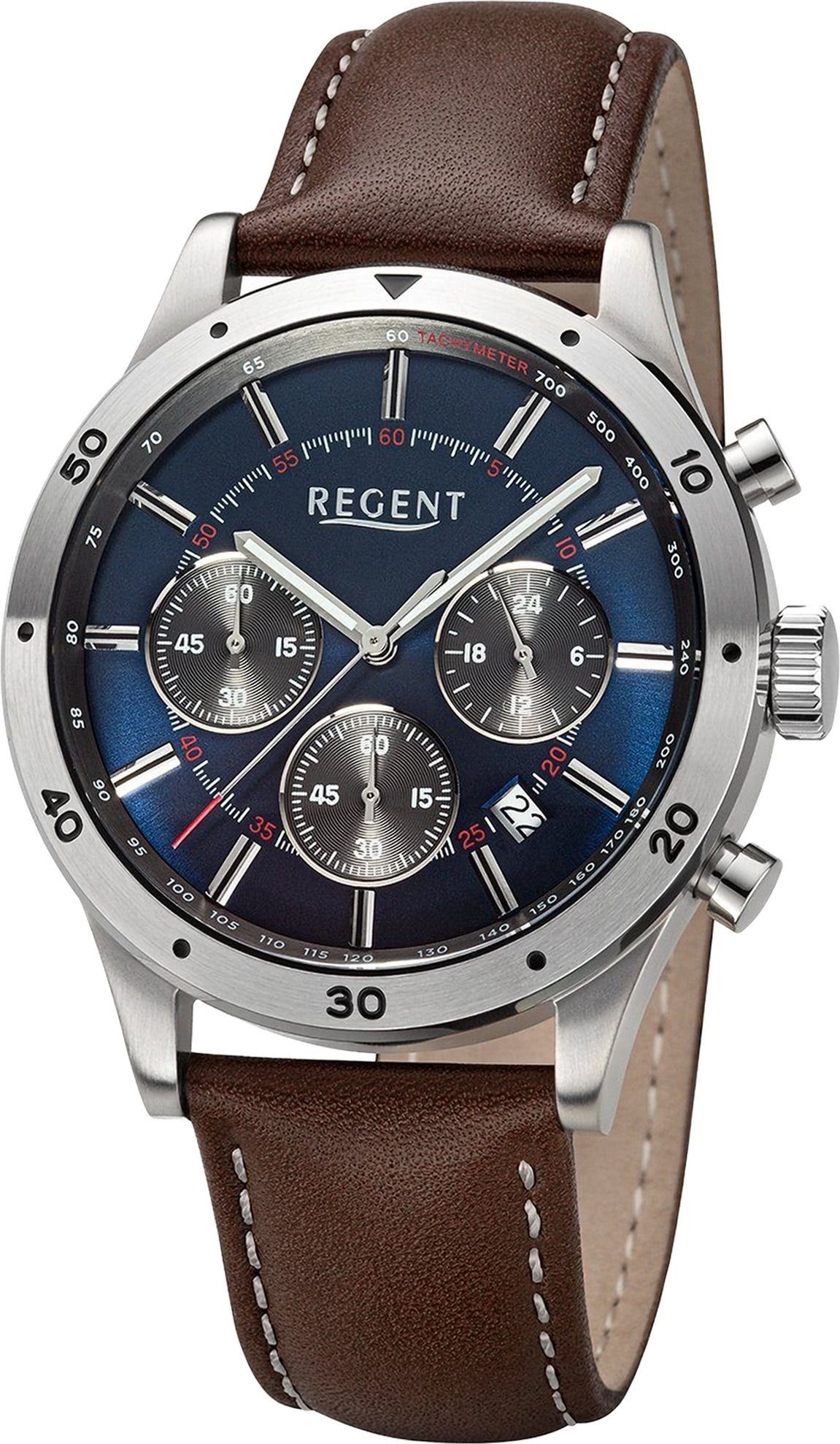 Regent Quarzuhr Regent Herren Armbanduhr Analog, Herren Armbanduhr rund, extra groß (ca. 41mm), Lederarmband blau