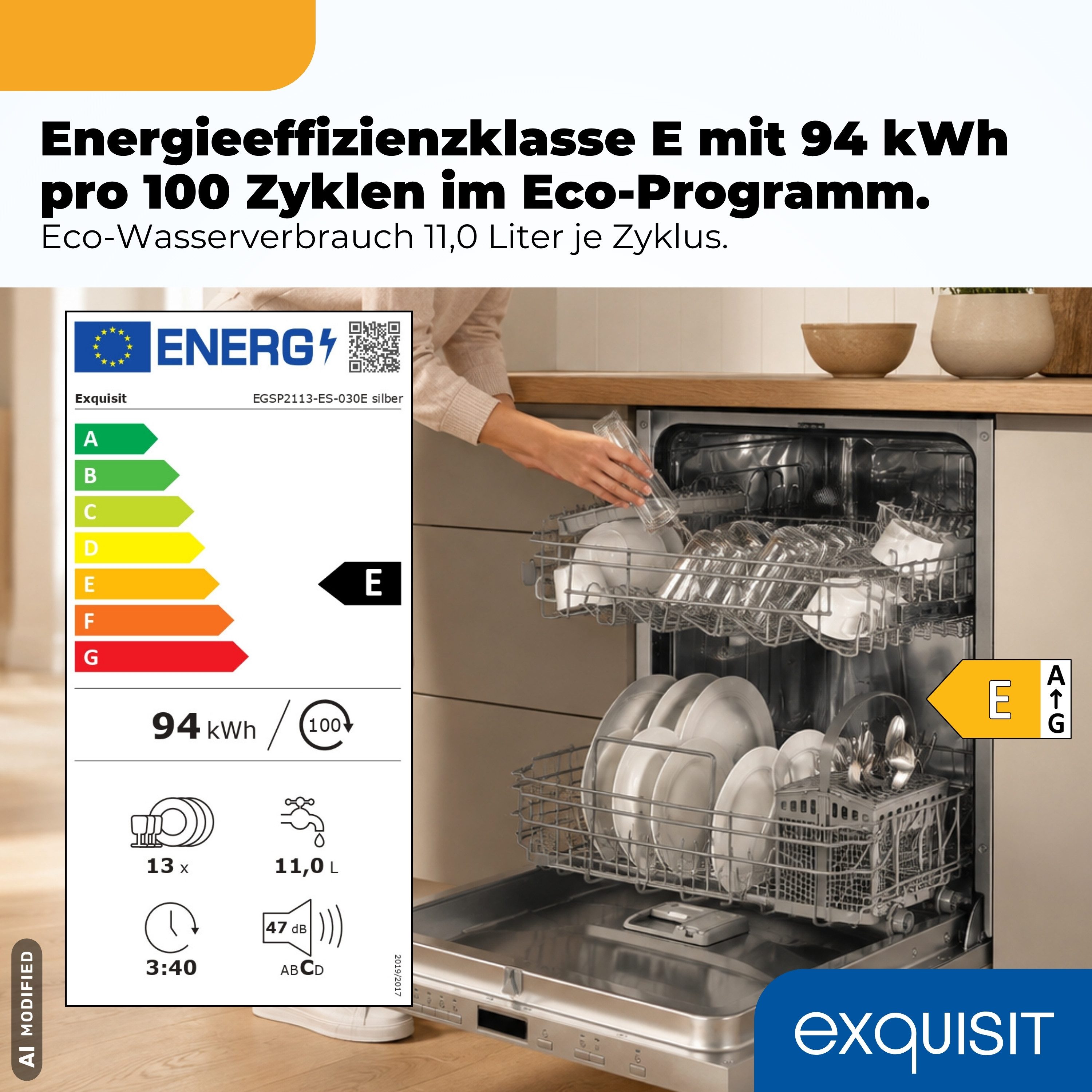 exquisit vollintegrierbarer Geschirrspüler 2113 EGSP2113-ES-030E silber, 11 l, 13 Maßgedecke, Großes Fassungsvermögen, komfortabel im Alltag