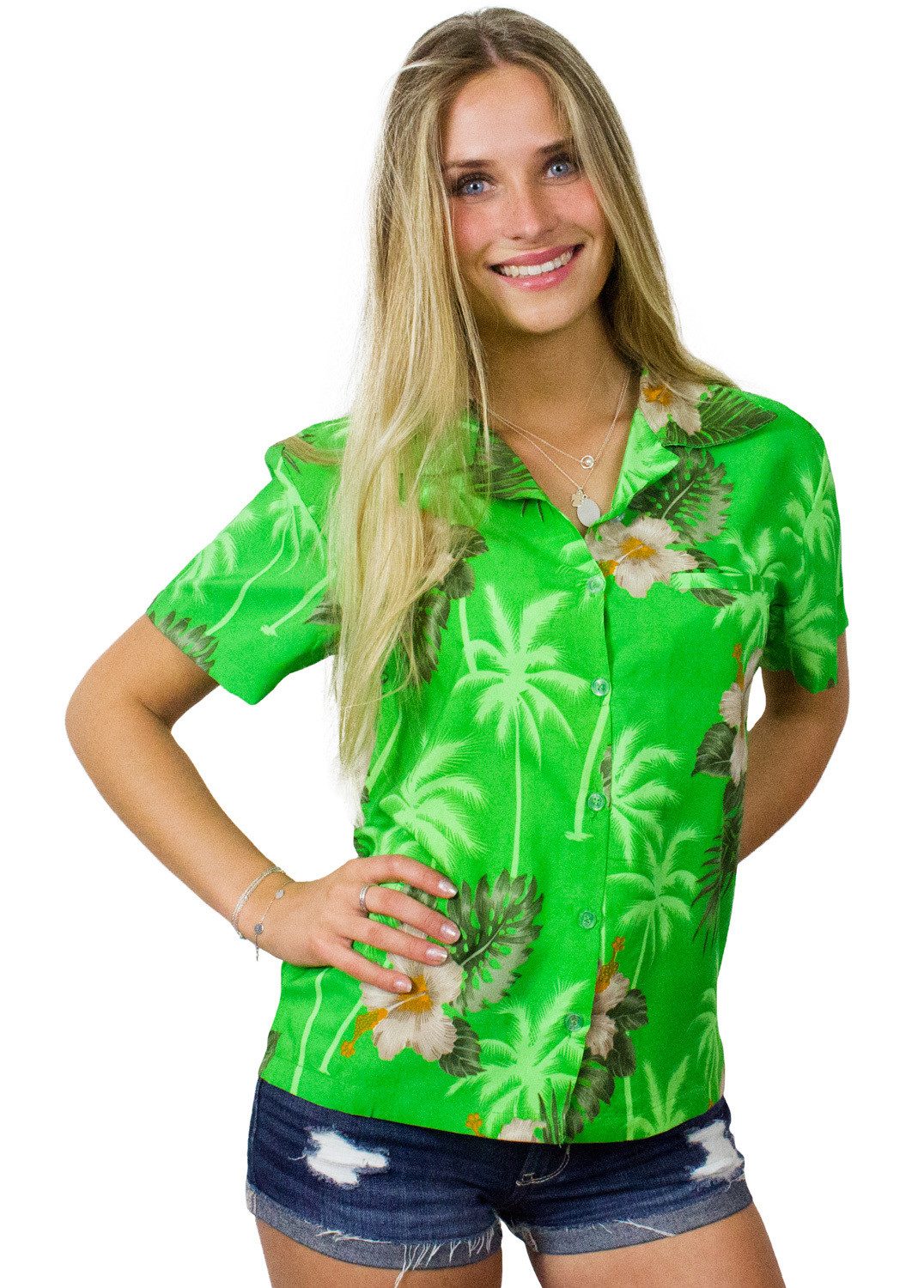 Hawaiihemd Small Flower Funky Hawaiibluse Damen Kurzarm Front-Tasche Stylish