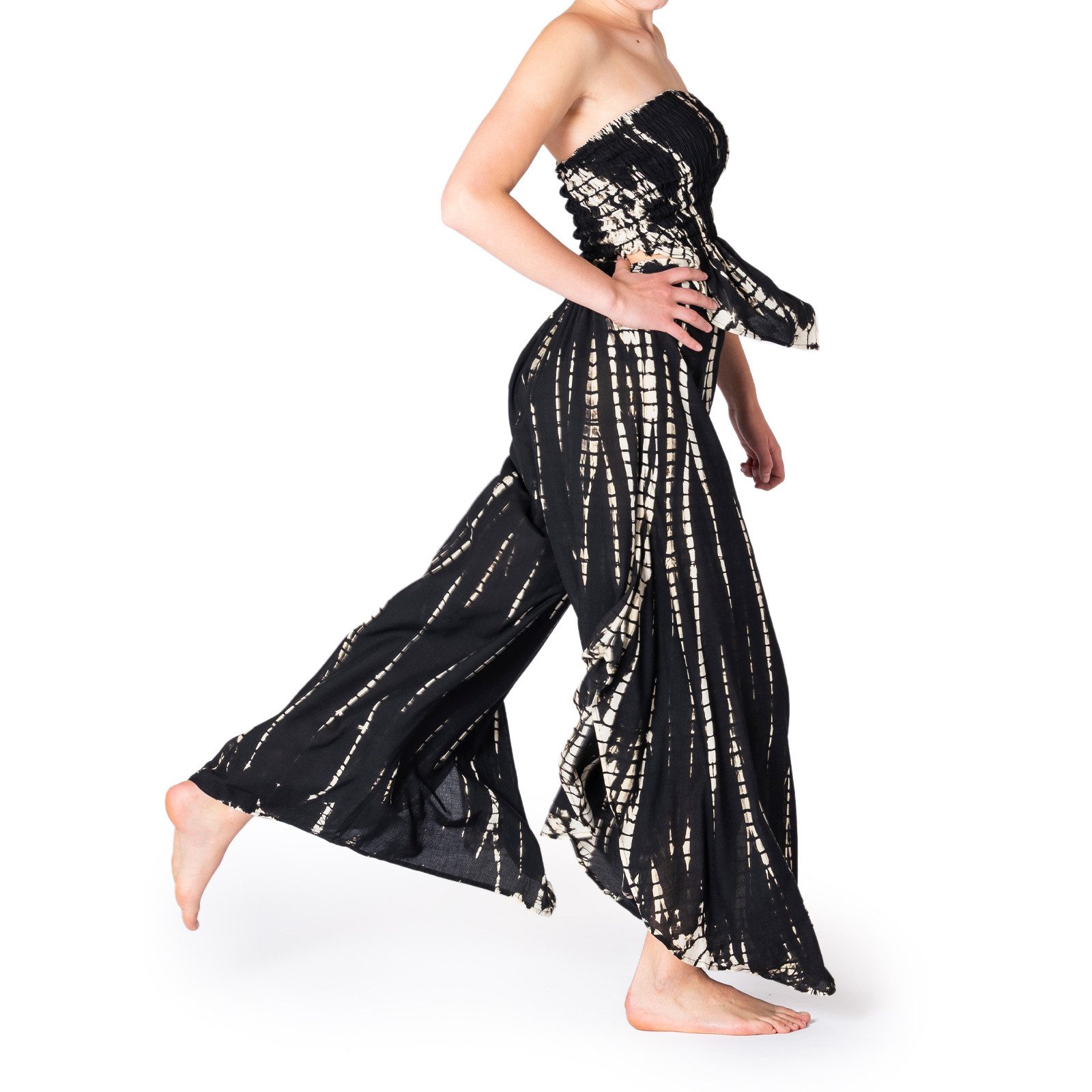 PANASIAM Tunikakleid Zweiteiler Set Bandeu-Top & Plisseehose mit Schlitz aus 100% Viskose Sexy Damenmode Bohokleid Sommerkleid Crop-Top Hosenkleid Maxikleid