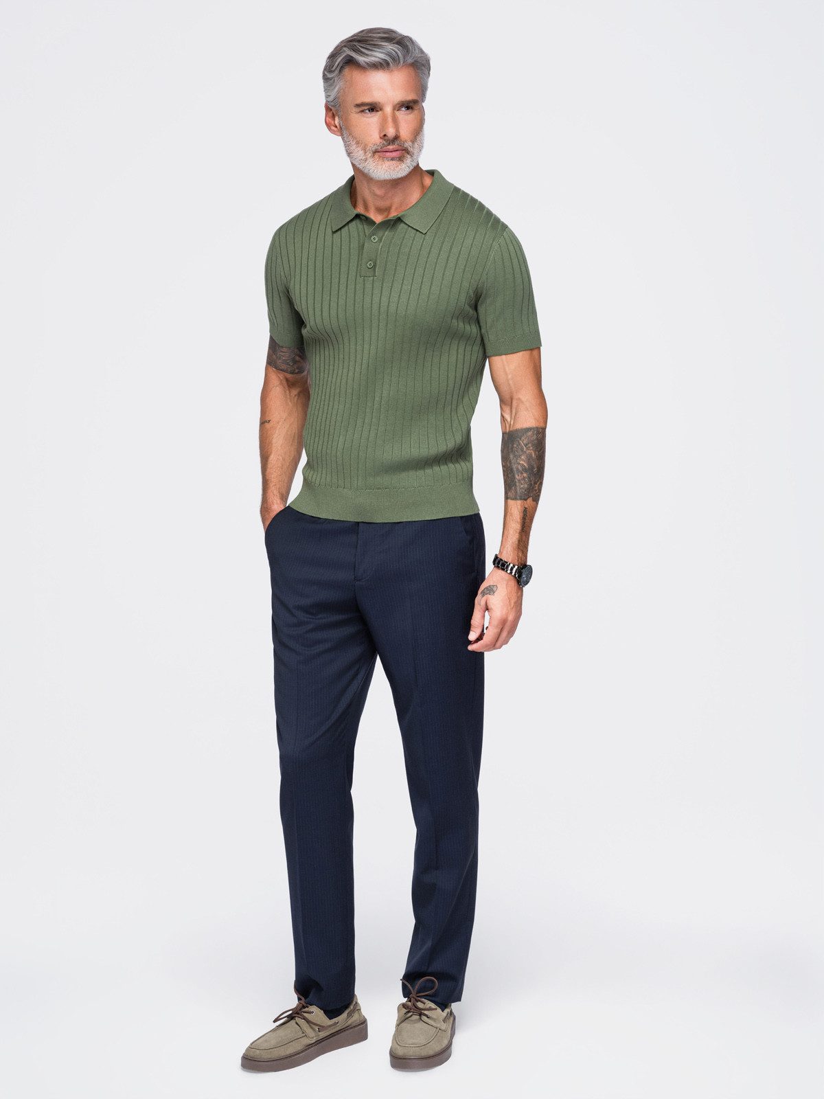 OMBRE Poloshirt Herren Slim-Fit Poloshirt mit klassischem Kragen Oliv XL (kein Set, 1-tlg) in Unifarbe