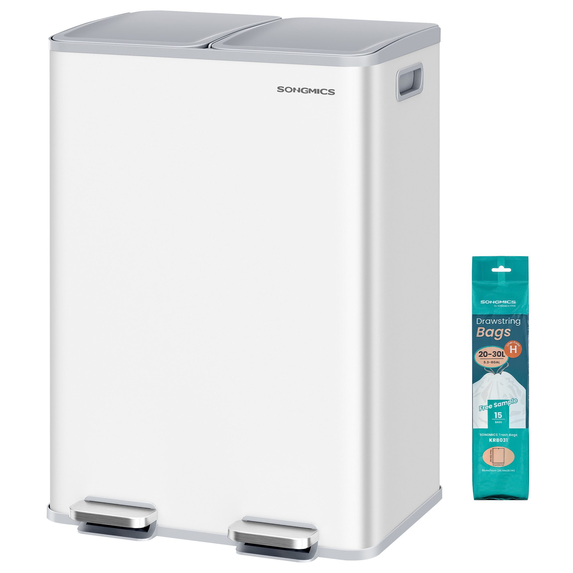 SONGMICS Mülleimer Mülleimer Küche, 2 Fächer, Abfalleimer, Softclose, 2 x 30 Liter