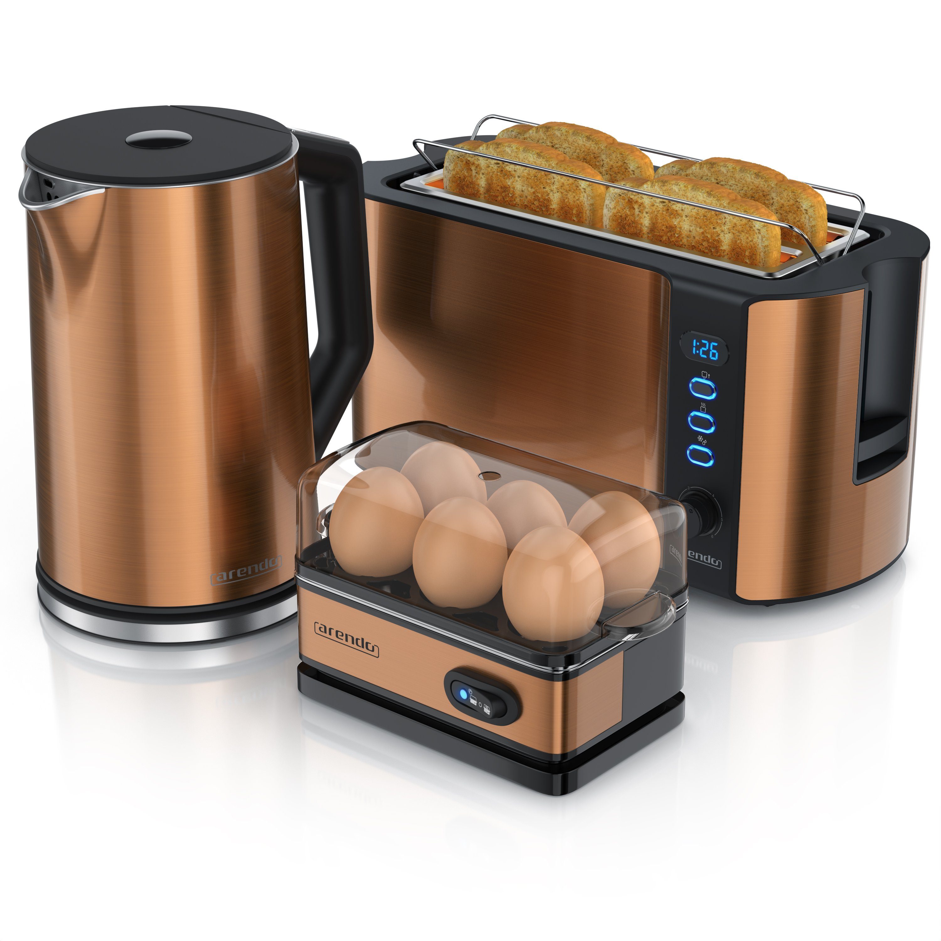 Frühstücks-Set Arendo 4-Scheiben (3-tlg), 6er Wasserkocher Eierkocher, 1,5l, Toaster, Kupfer