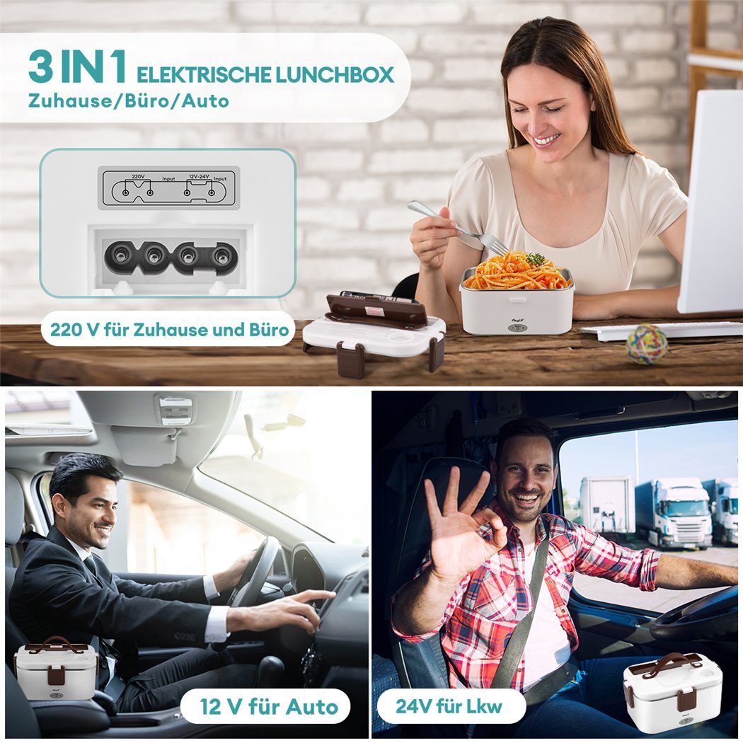 CkeyiN Elektrische Lunchbox 3 in 1 für Zuhause und Auto, 1,8 L, schnelles Erhitzen von Speisen, mit getrennter Fach, Kunststoffbox, Edelstahlgabel