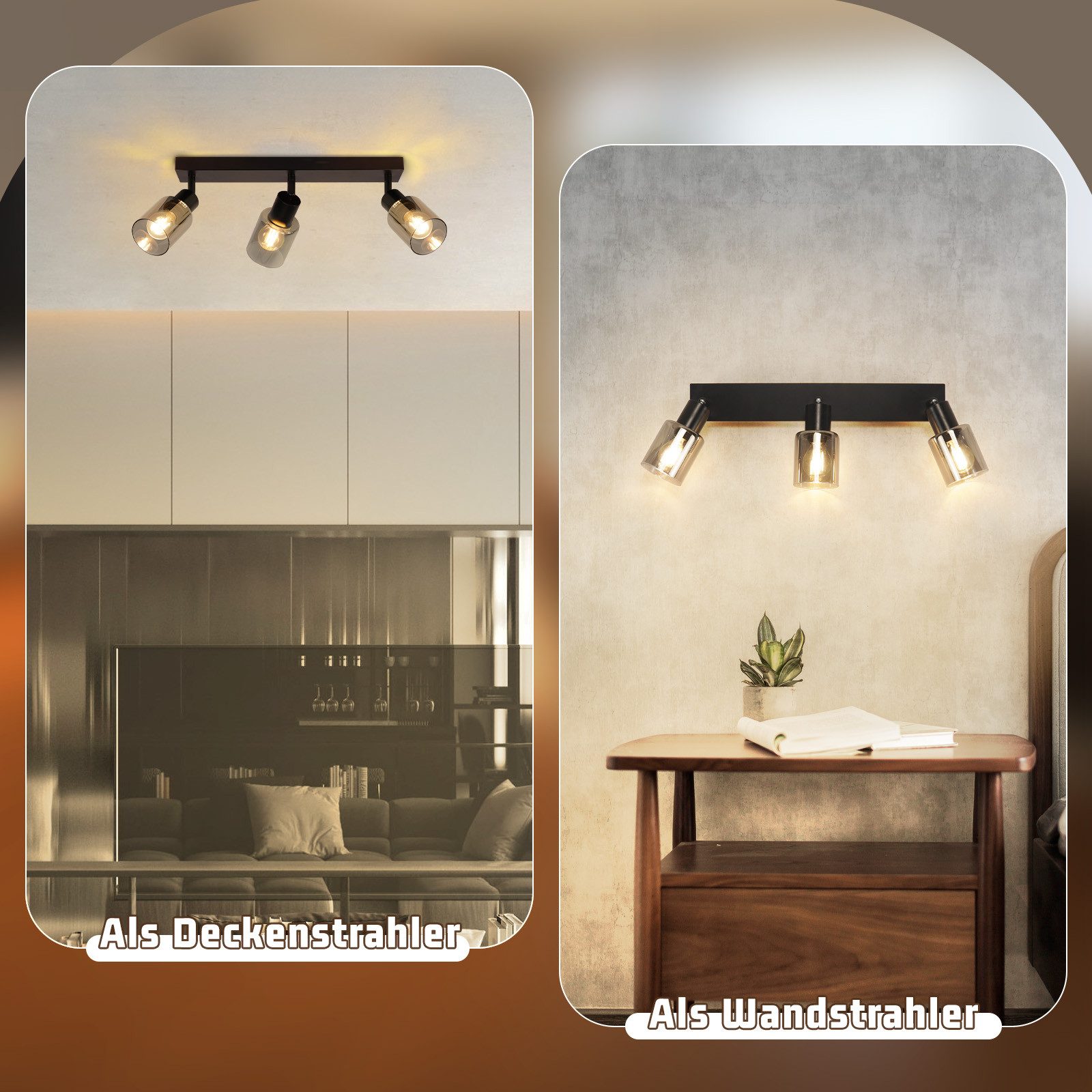 Nettlife Deckenstrahler Schwarz Vintage Glas E14 3 flammig Metall Deckenleuchte Schwenkbar, LED wechselbar, Spotleuchte für Wohnzimmer Flur Küche – Bild 4 von 5