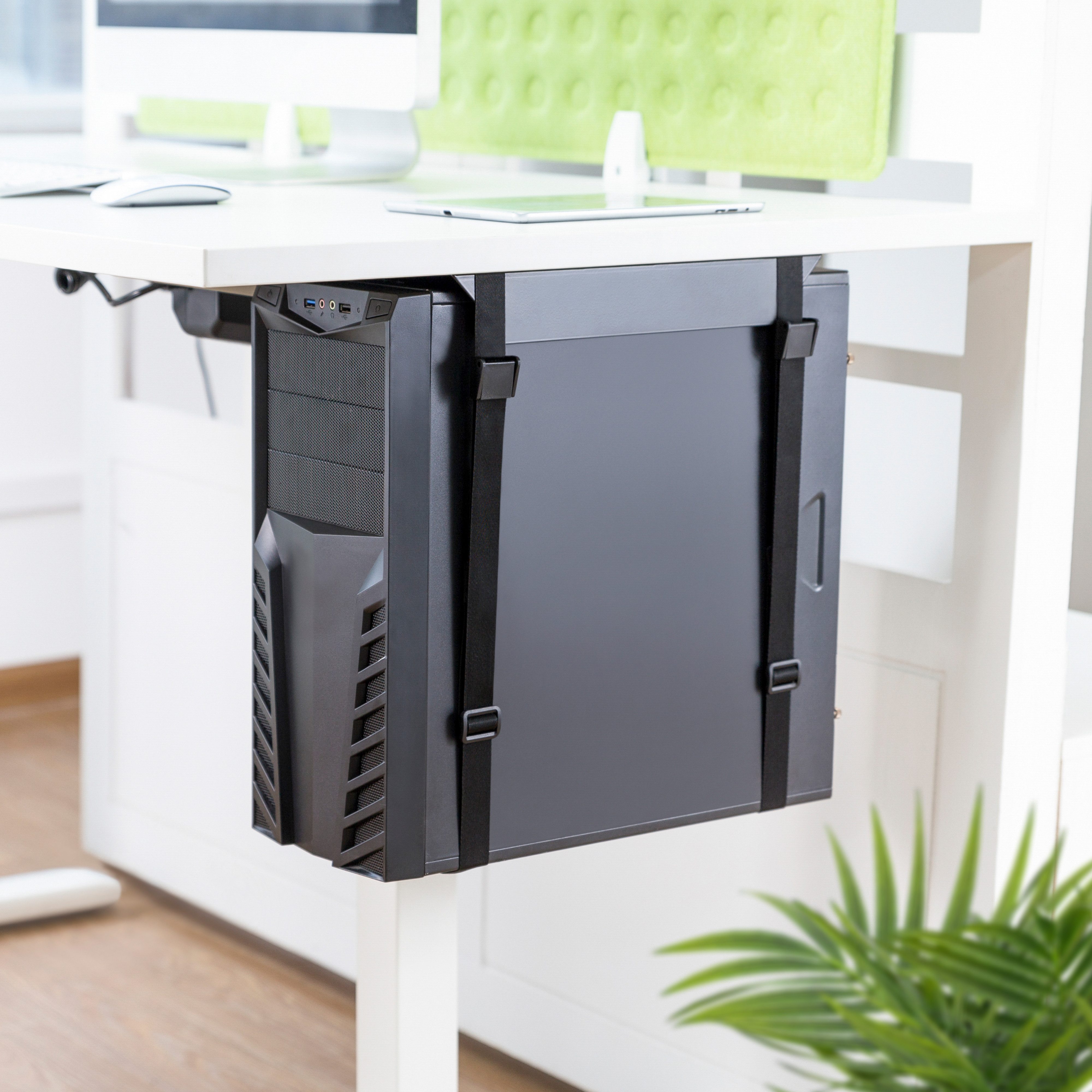 RICOO Halterung Rechner Halterung zur Untertisch-Montage TRH-11, (horizontale oder vertikale Befestigung, 1-tlg., max. bis 10kg belastbar, Breite und Höhe einstellbar, PC Halter unter Schreibtisch Computer Gurtsystem Rechner verstellbar)
