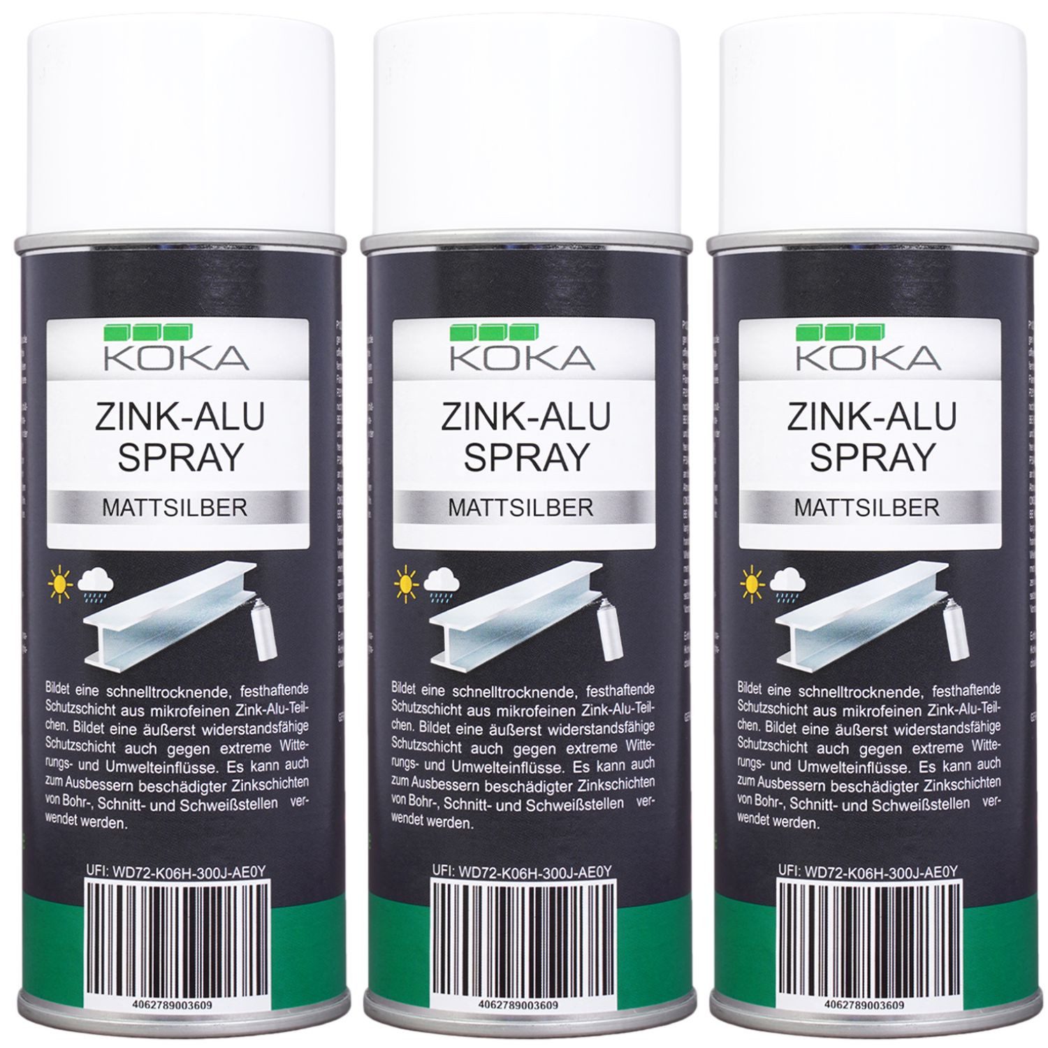 KOKA Sprühlack-Grundierung 3x Zinkspray Zink Alu Spray Hell Silber Matt, 3x 400ml, 3-tlg., 3x 400ml, Rostschutz Korrosionsschutz Grundierung überlackierbar bis +300°C