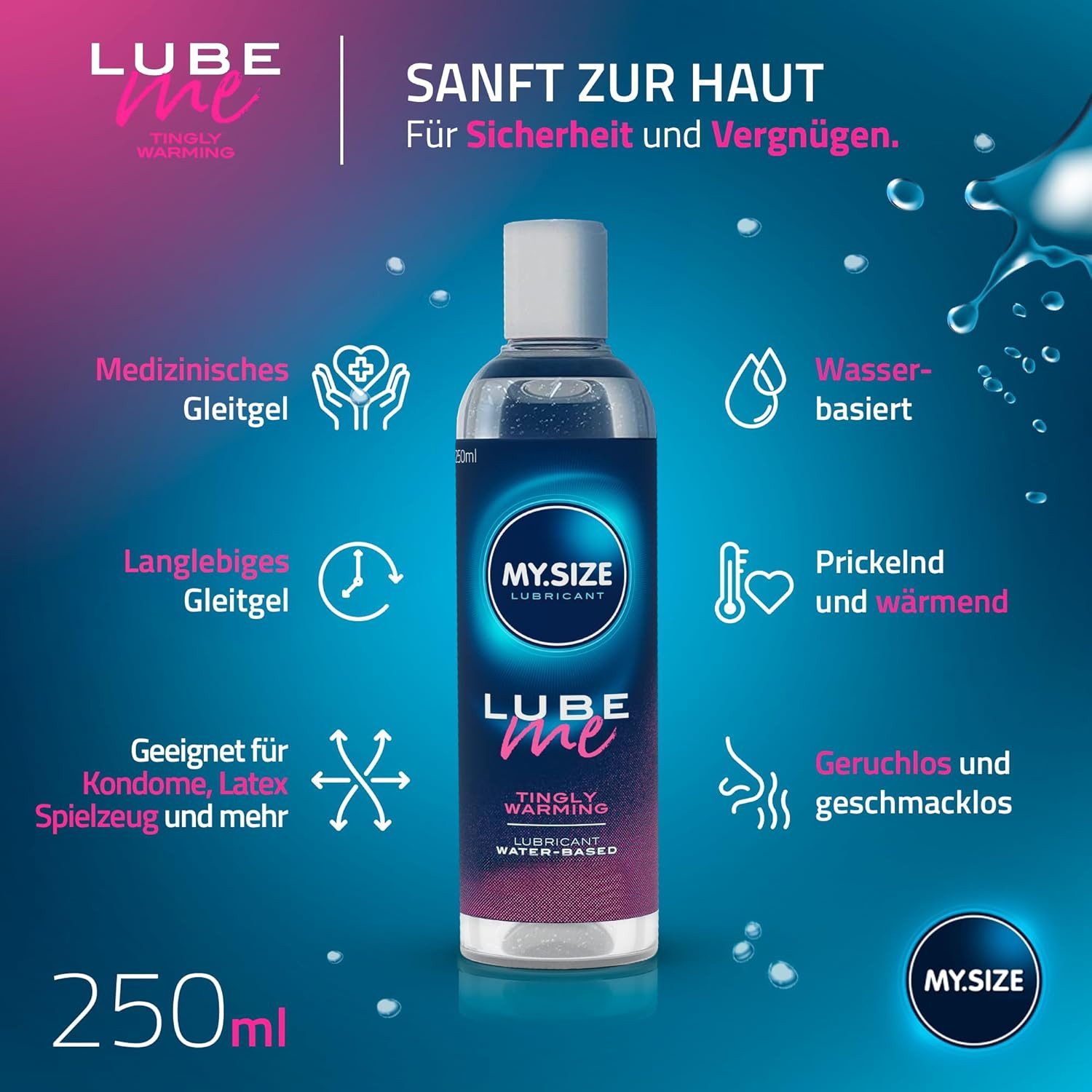 MY.SIZE Gleitgel Lube Me 3-in-1, medizinisches Gleitmittel auf Wasserbasis, wärmend, prickelnd und Höhepunkt verstärkend