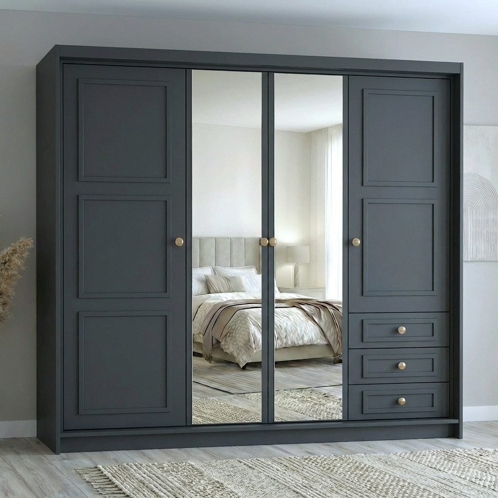 A&J MöbelLand GmbH Drehtürenschrank OSLO viertüriger Kleiderschrank mit Schubladen und Metallgriffen (Geräumiger viertüriger Kleiderschrank mit Schubladen und Metallgriffen. Geräumiger Schrank mit einer Breite von 200 cm und Schubladen, ideal zur Aufbewahrung von Kleidung und Accessoires. Viel Stauraum. TOP PRODUKT! Wählen Sie das ideale Modell für Ihr Schlafzimmer!, TOP ANGEBOT) Breite: 200 cm, Höhe: 215 cm, Tiefe: 59,5 cm