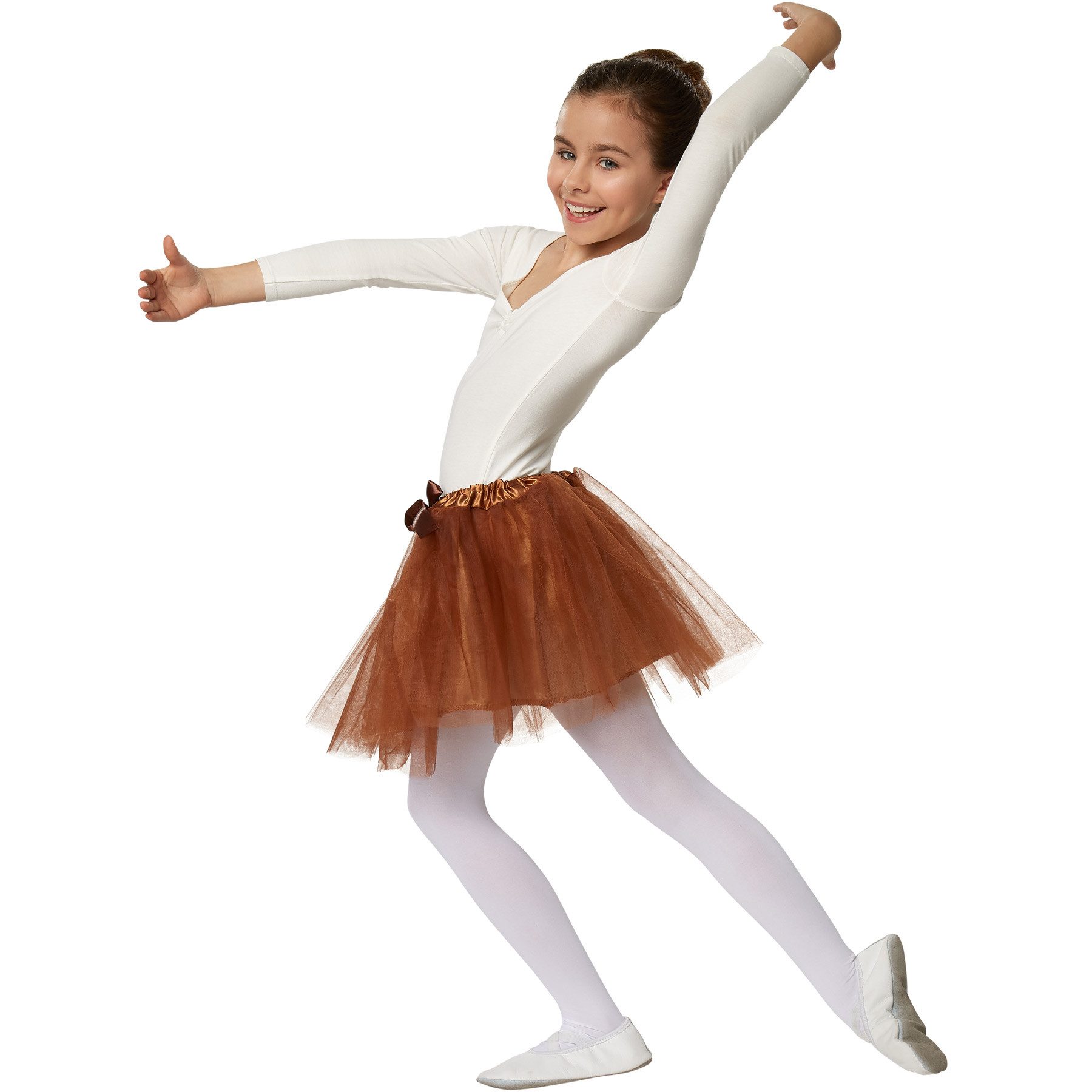 dressforfun Tüllrock Tutu, bequemes Faschingskostüm-Basic aus 3-lagigem Tüll mit Gummizug (Ballettrock, Konfektionsgröße 128 (7-8 Jahre) in braun) Eingenähter Satinunterrock, Schleife als Verzierung, angenehm tragbar