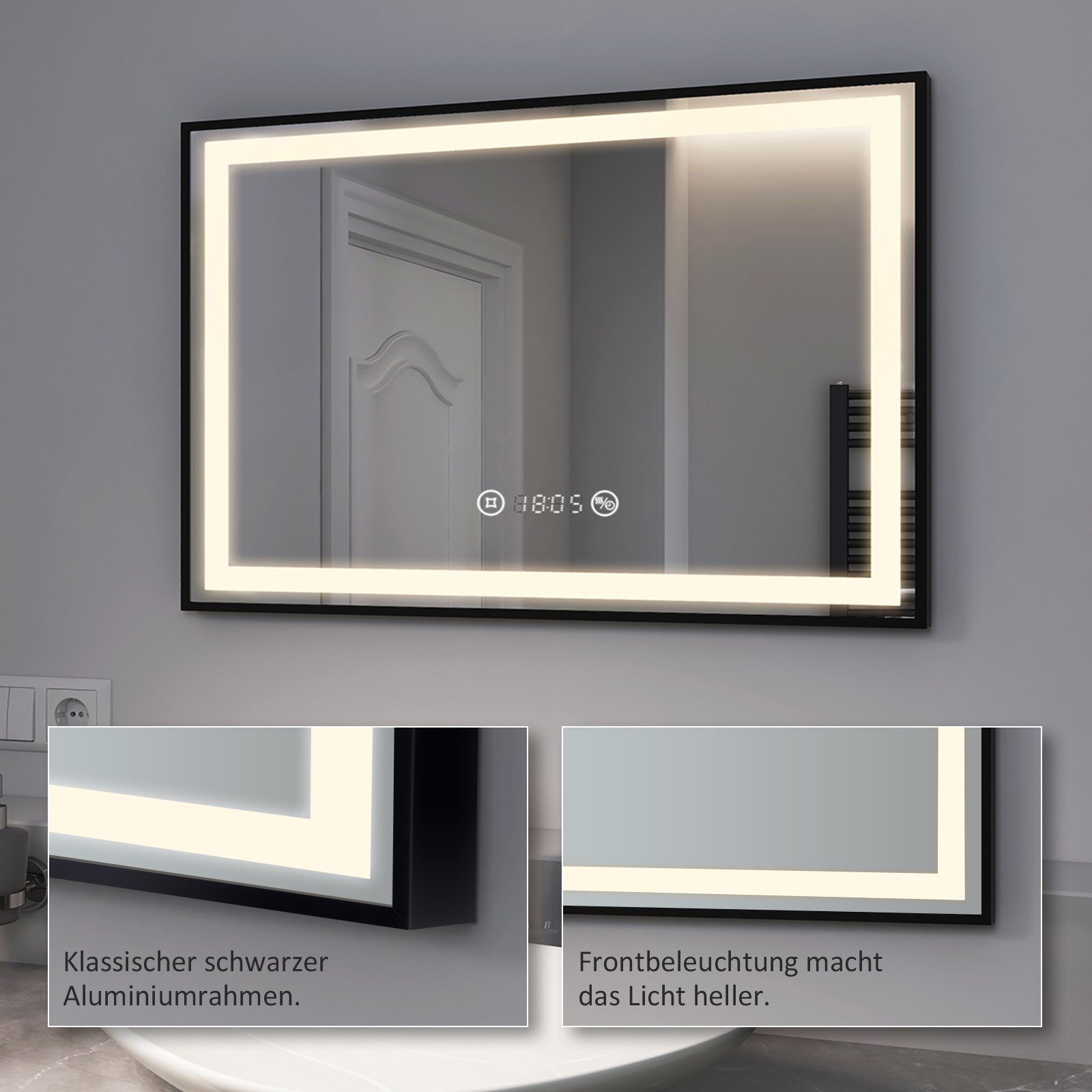 Badspiegel mit Schwarz LED Dimmbar, Badspiegel Rahmen EMKE Badzimmerspiegel, mit Uhr Beleuchtung 70-100cm Beschlagfrei Badspiegel Schwarzer