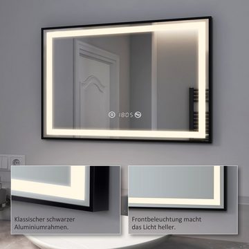 EMKE Badspiegel »Badspiegel mit Beleuchtung Badspiegel LED Schwarzer Badzimmerspiegel«, mit Uhr Beschlagfrei Dimmbar, Schwarz Rahmen 70-100cm