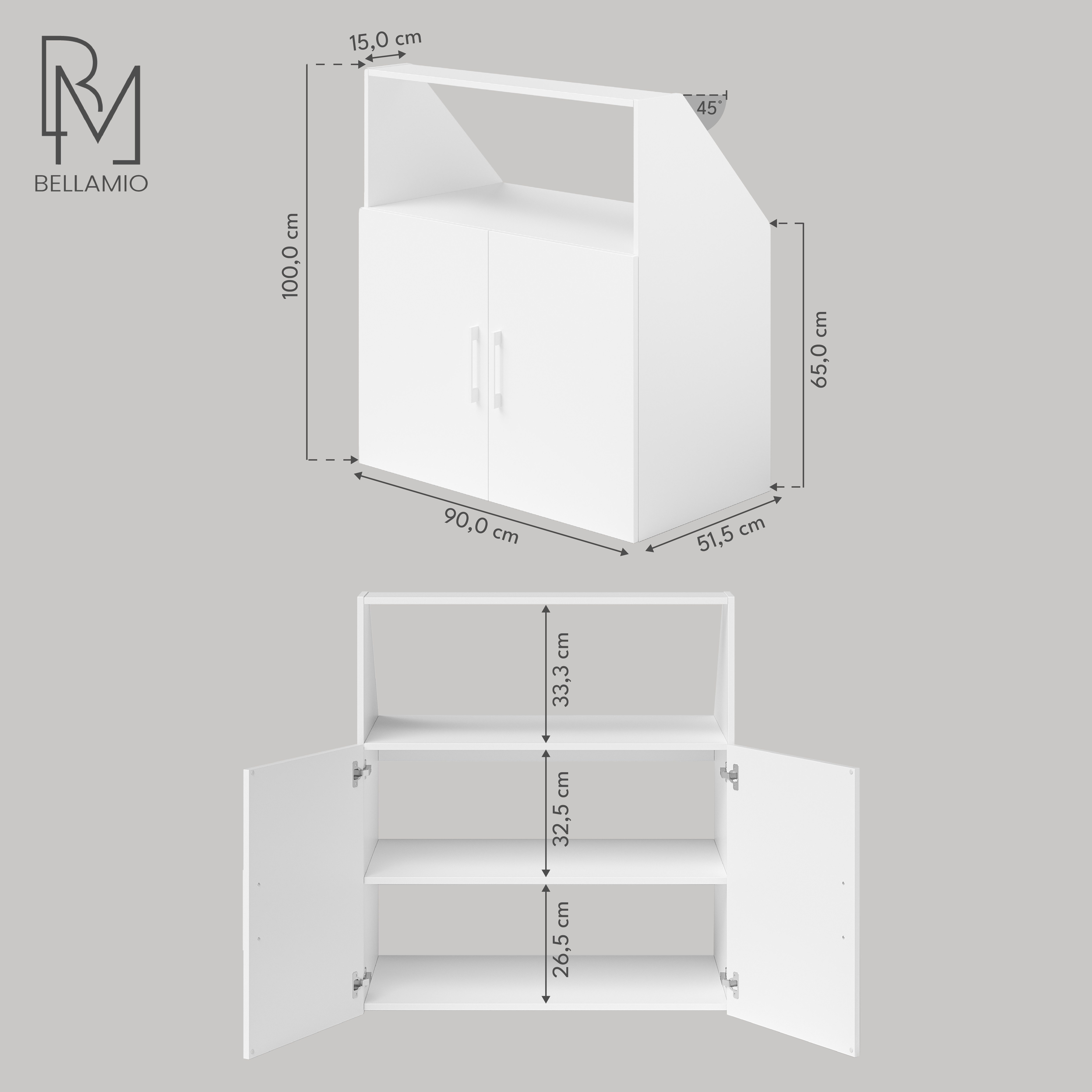 Bellamio Regal Aland Dachschrägenregal, 90 cm breit, mit 2 kurzen Türen, 45 Grad-Winkel für Dachschräge