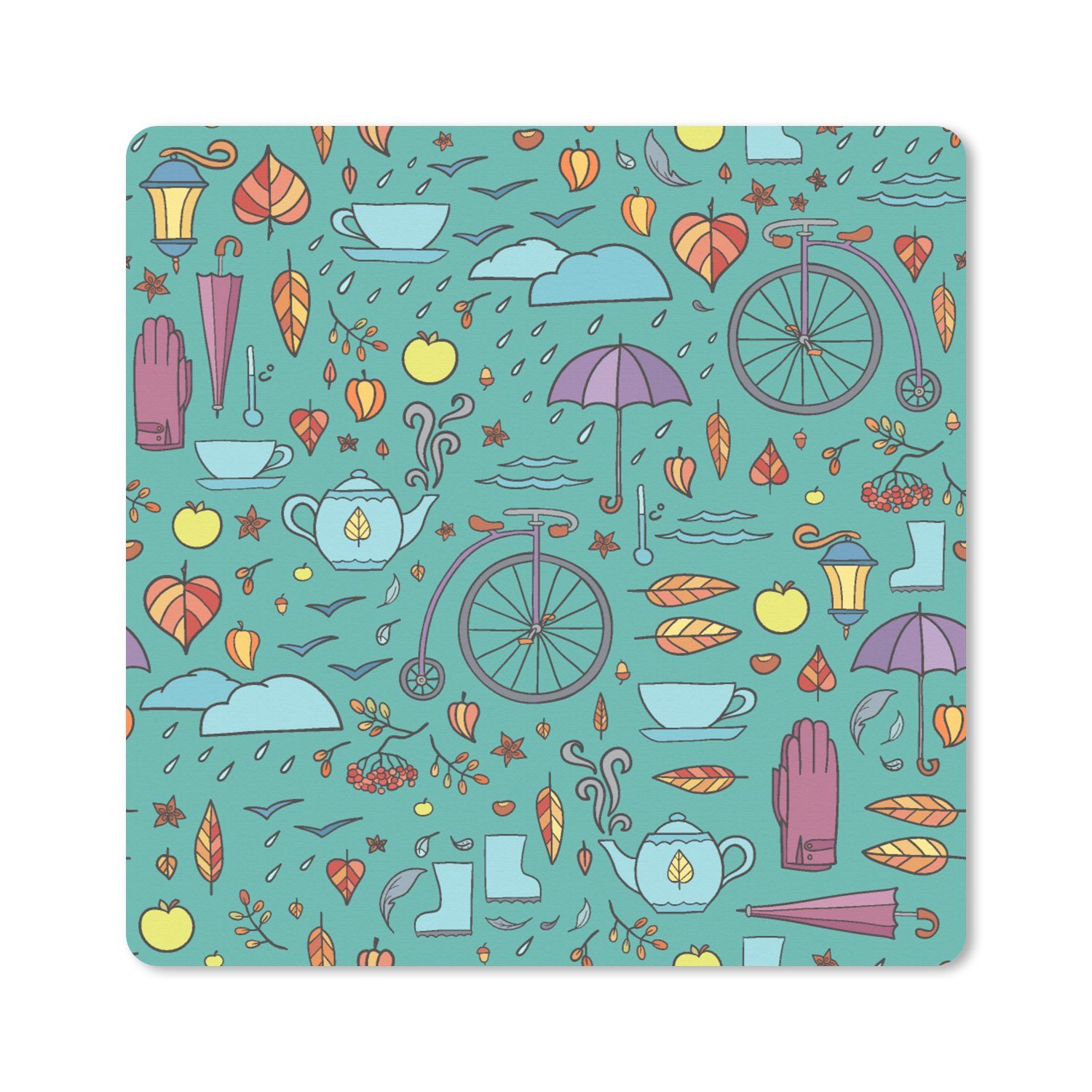 MuchoWow Gaming Mauspad Herbst - Muster - Fahrrad - Regen (1-St), Gaming, Rutschfester Unterseite, Mausunterlage, 80x80 cm, XXL, Großes