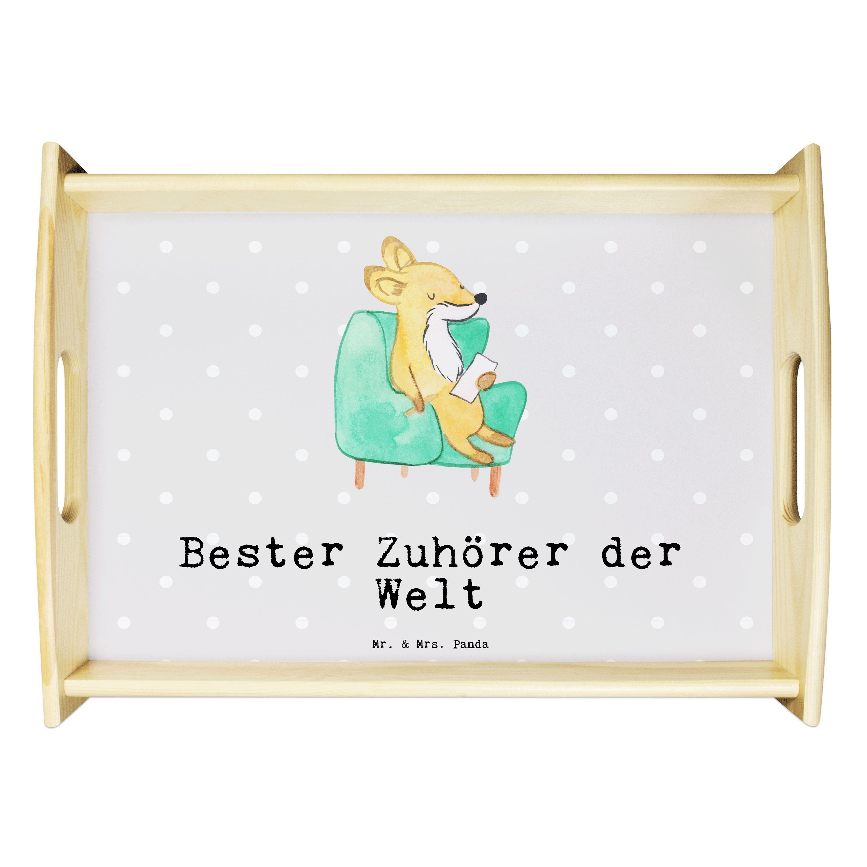 Mr. & Mrs. Panda Tablett Fuchs Bester Zuhörer der Welt - Grau Pastell - Geschenk, Dekotablett, Echtholz lasiert, (1-tlg)
