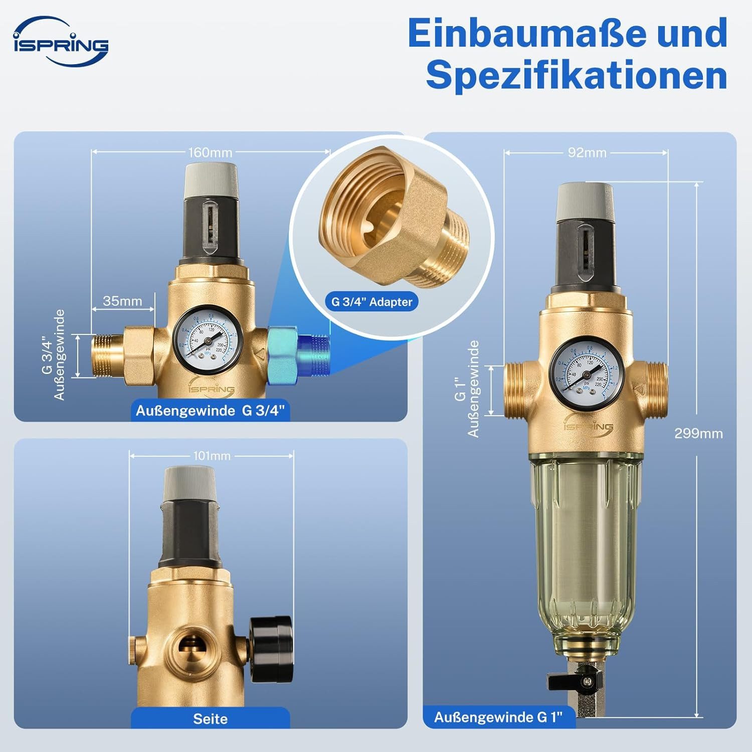 iSpring Rückspülfilter WSP50PRG Rückspülfilter mit Druckminderer & Manometer - 50 Mikron, G1" (1 St)