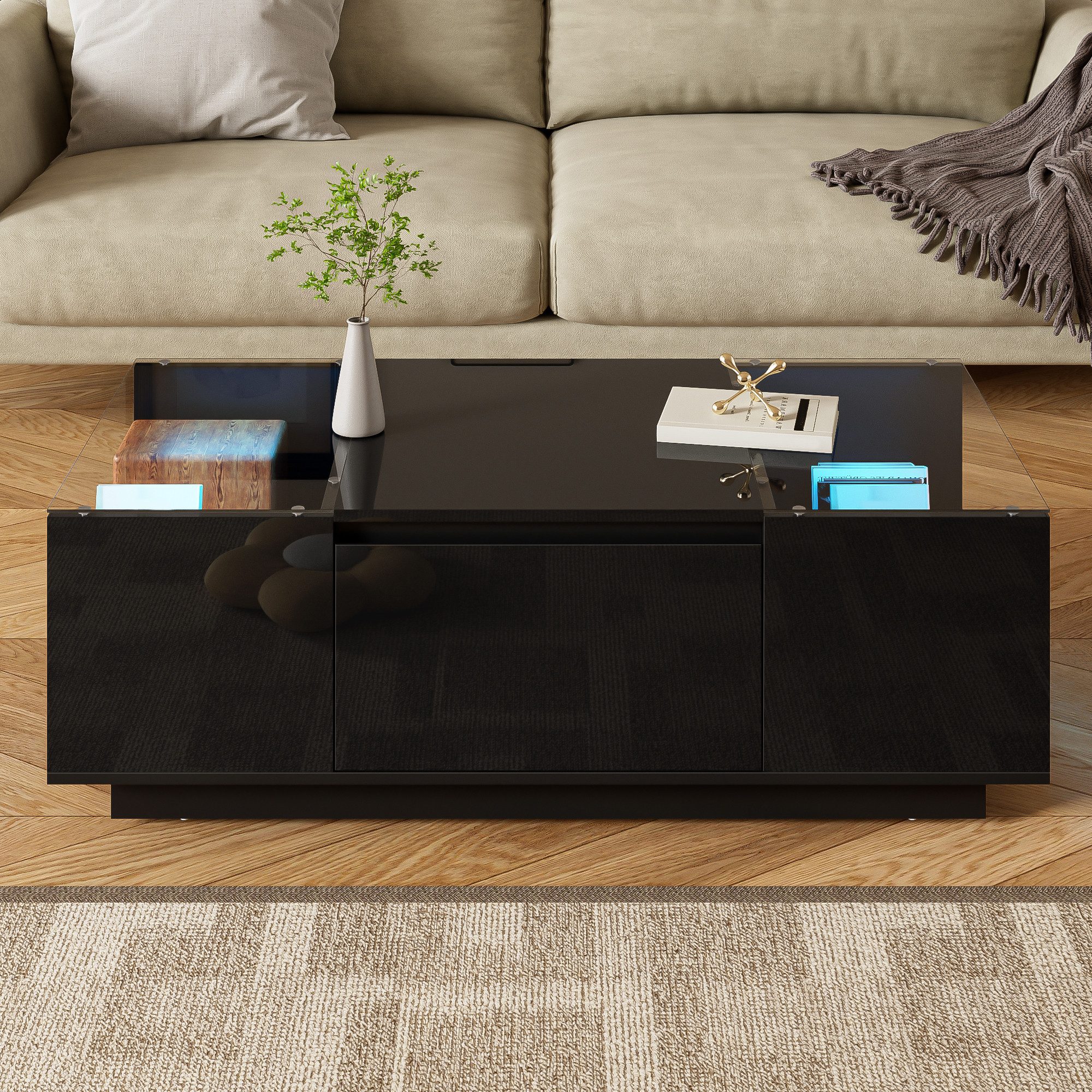 REDOM Couchtisch Smart LED-Couchtisch – 16 Farben (Satztisch, Wohnzimmertisch, Beistelltisch, 1-St., beidseitige Glasplatten), 2 Schubladen & offene Ablagen