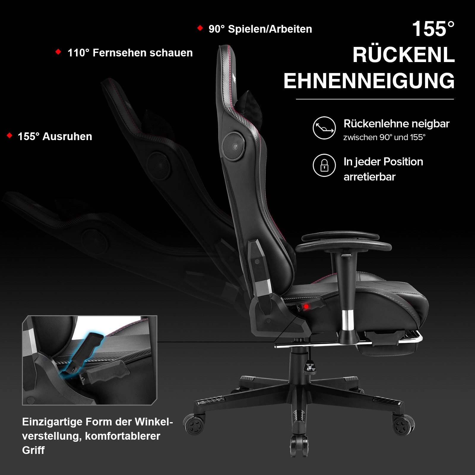 GTPLAYER Gaming-Stuhl Bürostuhl Gamer Stuhl mit Fußstützen Bluetooth Lautsprecher, Ergonomischer Musik Computerstuhl inkl. Lendenwirbel- und Nackenkissen – Bild 5 von 5