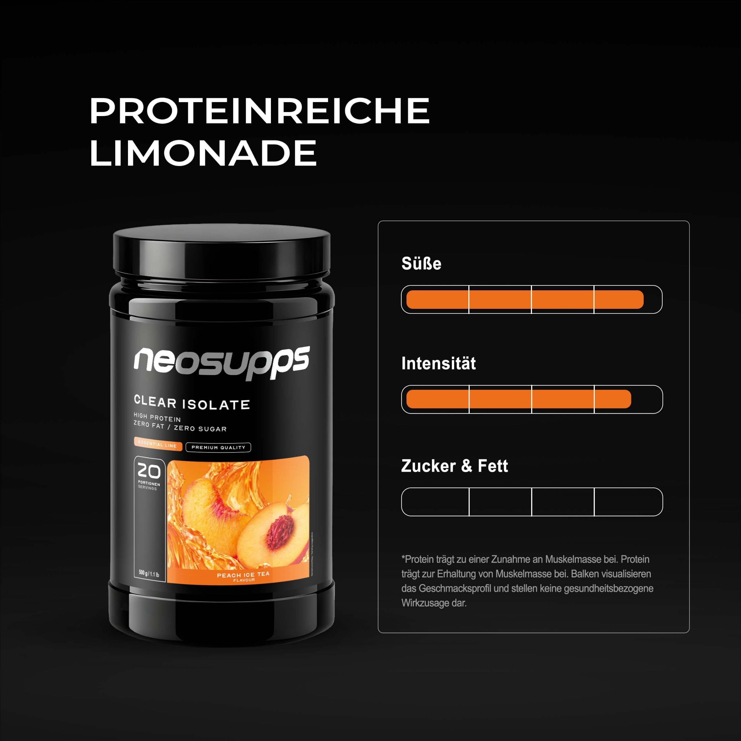 Neosupps Clear Whey Isolat Protein Pulver 500g, Peach Ice Tea Geschmack Pulver, 500 g, Made in Germany, Hochwertiger Molkenprotein Isolat