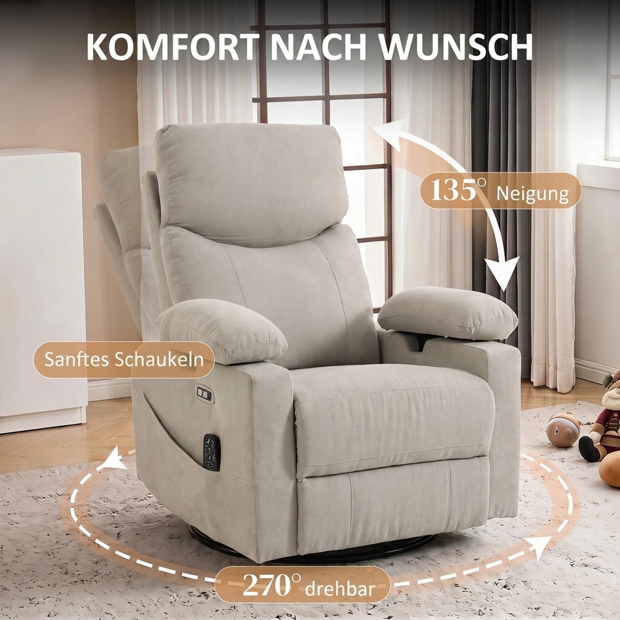 HOMCOM Massagesessel Relaxsessel mit Massage & Wärme, 270° Dreh- und Schaukelfunktion (Set, 1-St., Relaxsessel), 270° drehbar, Schaukel, 8-Punkt-Massage+Wärme – Bild 4 von 5