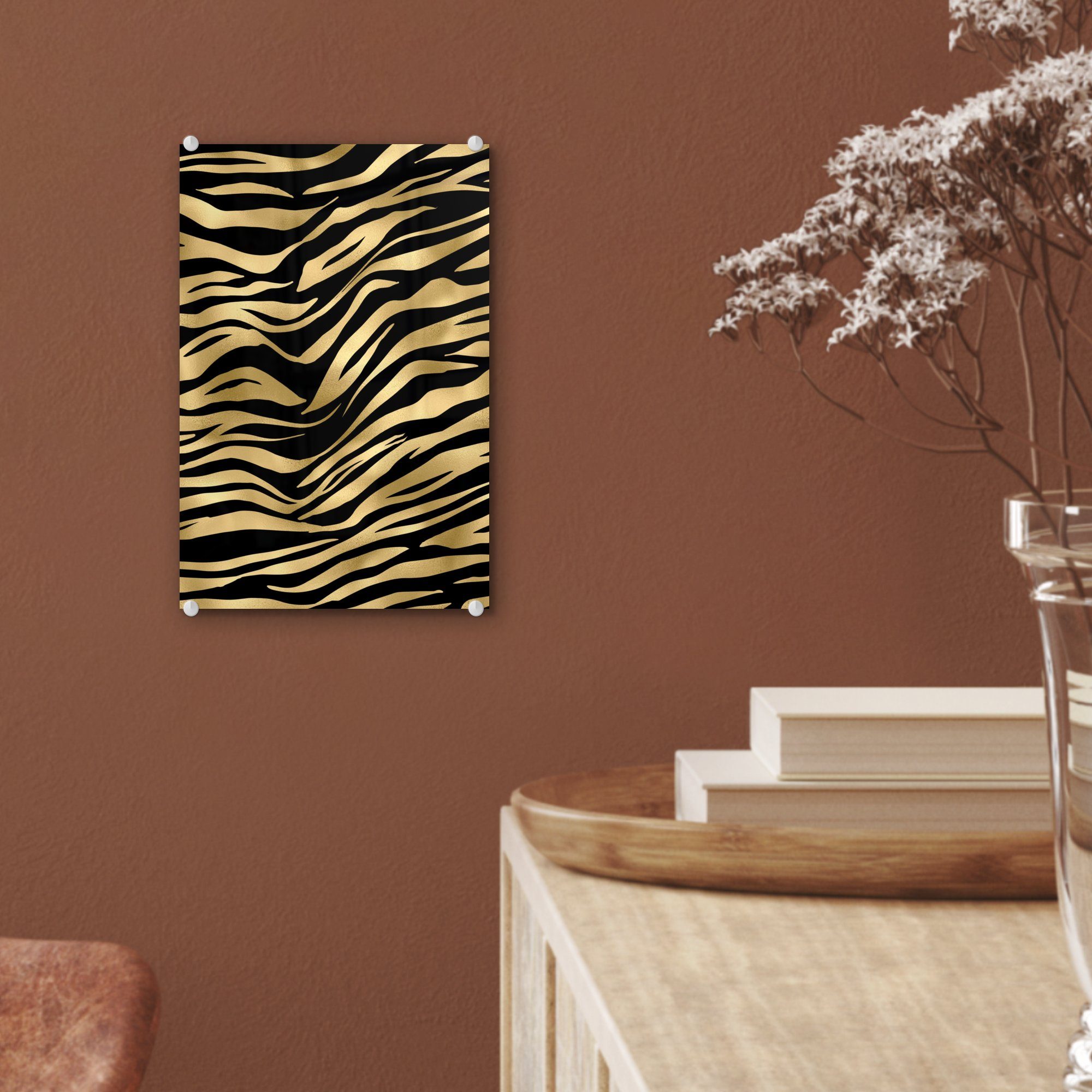 Foto Glas Bilder - Zebra auf - Wandbild Acrylglasbild (1 - auf Wanddekoration Gold, St), Glasbilder - Glas Muster MuchoWow -
