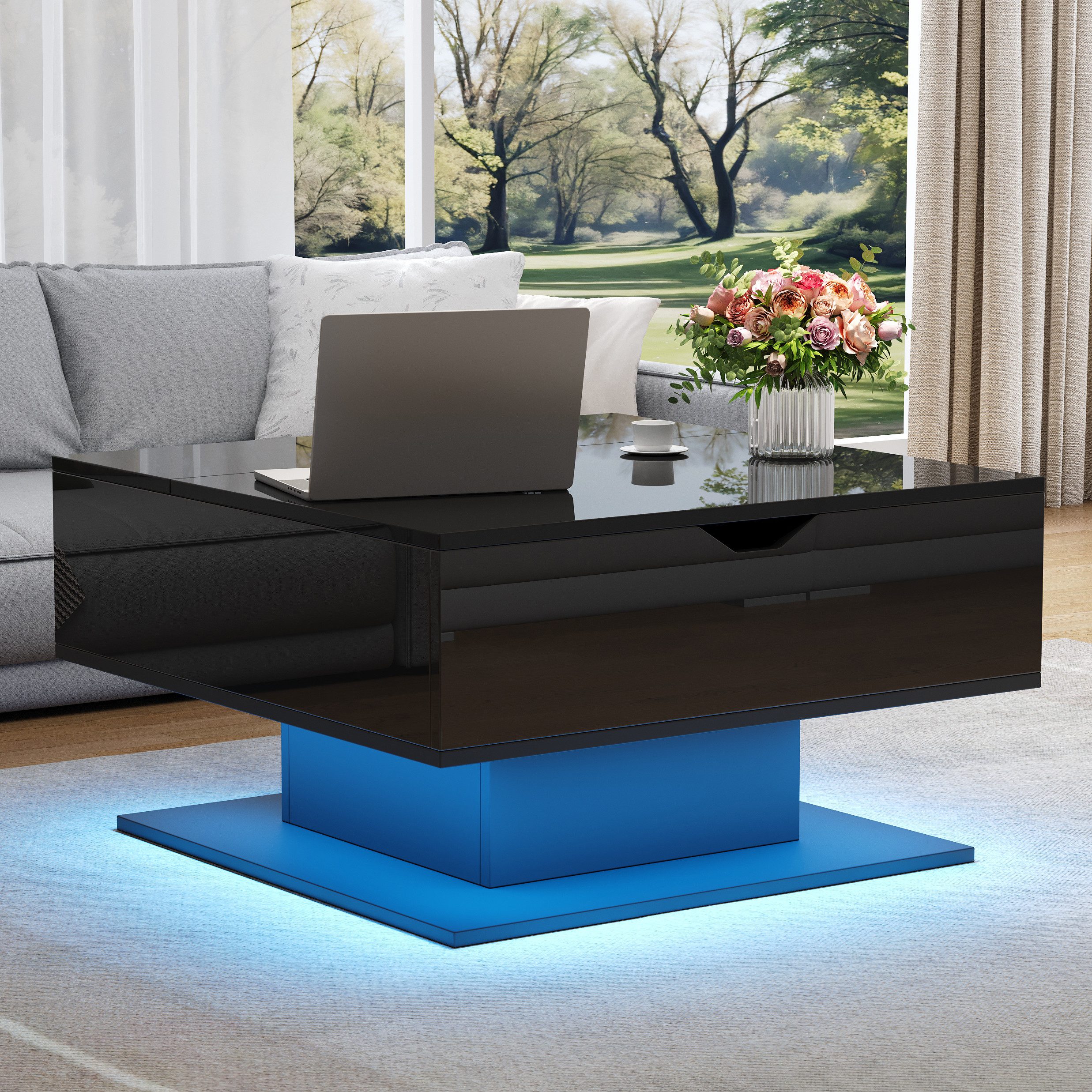 Merax Couchtisch hochglanz Sofatisch anhebbarer Beistelltisch mit LED-Beleuchtung (1-St., 80x75x40 cm), Wohnzimmertisch mit verstecktem Stauraum & halboffenem Regal
