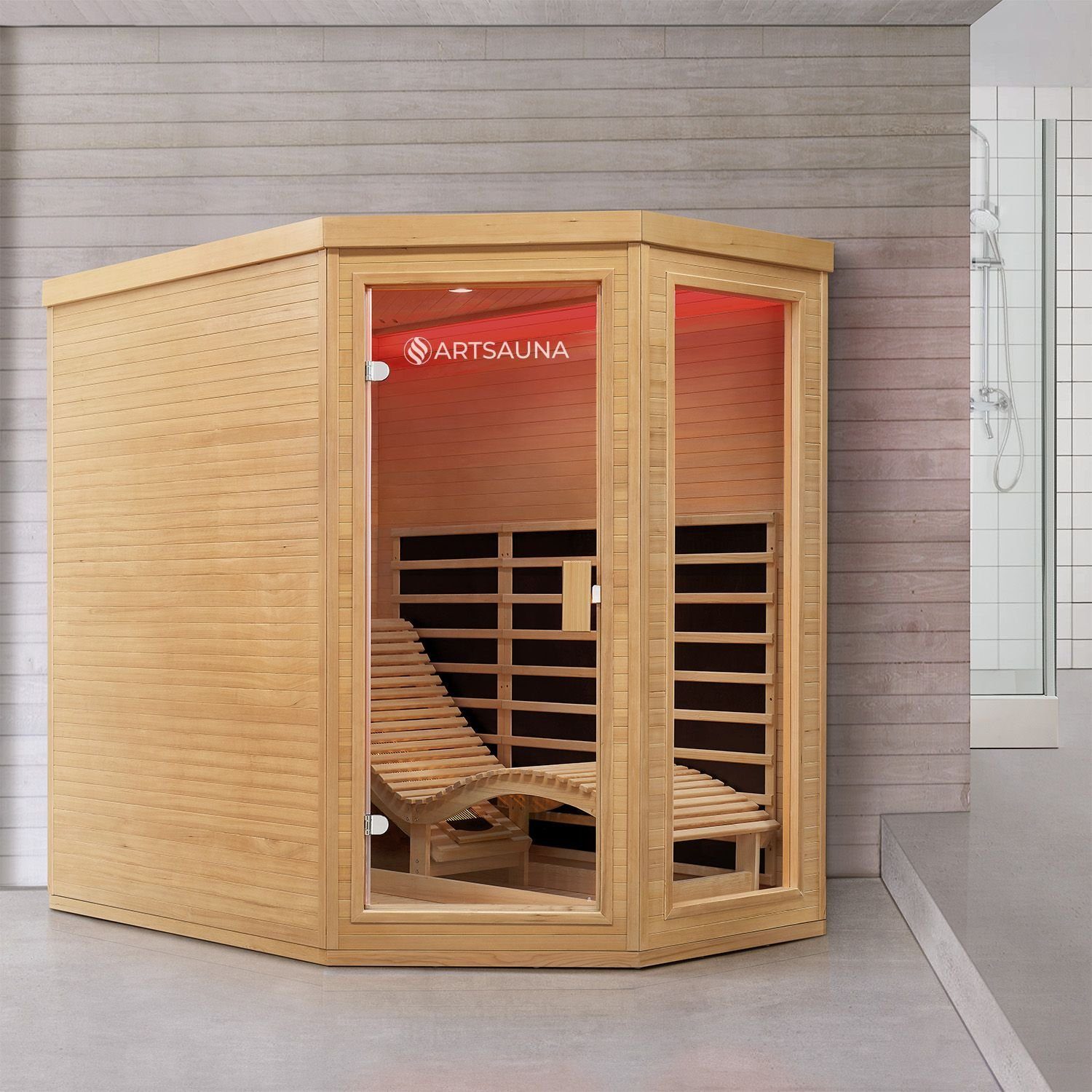 Artsauna Infrarotkabine Esbjerg Triplex-Heizsystem, für 2 Personen, Hemlock-Holz, Ionisator, HiFi-System, LED-Farblicht