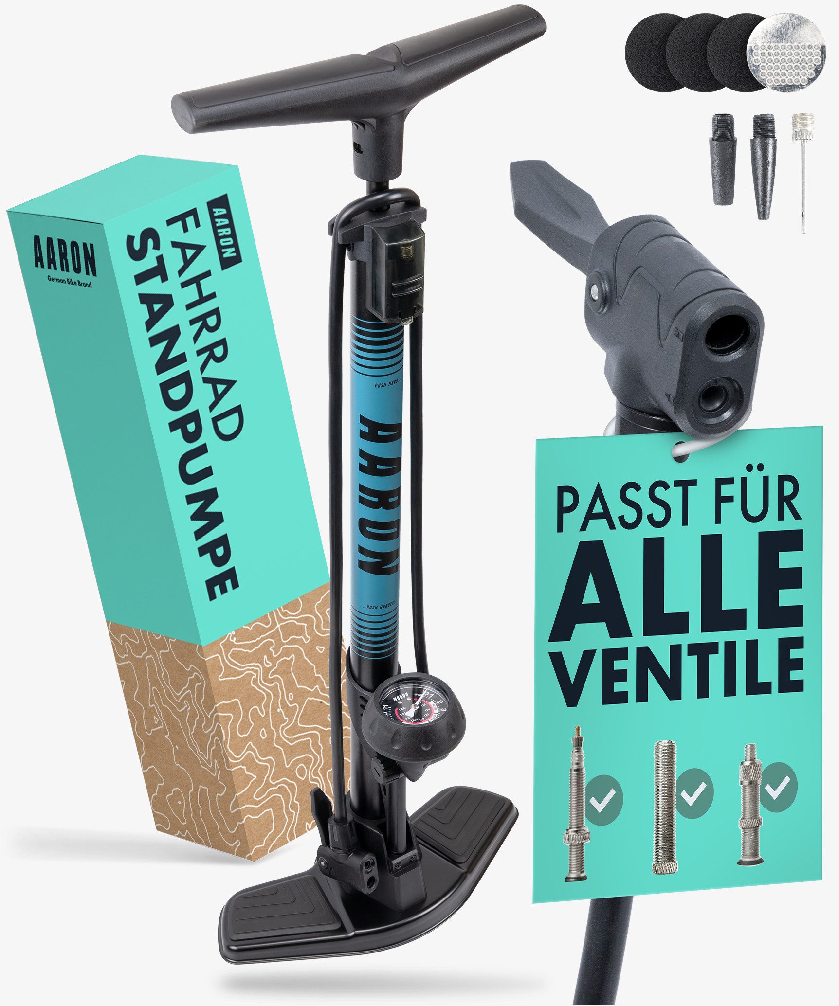 AARON Standpumpe Sport One 2.0 Fahrrad-Luftpumpe alle Ventile Manometer Standpumpe